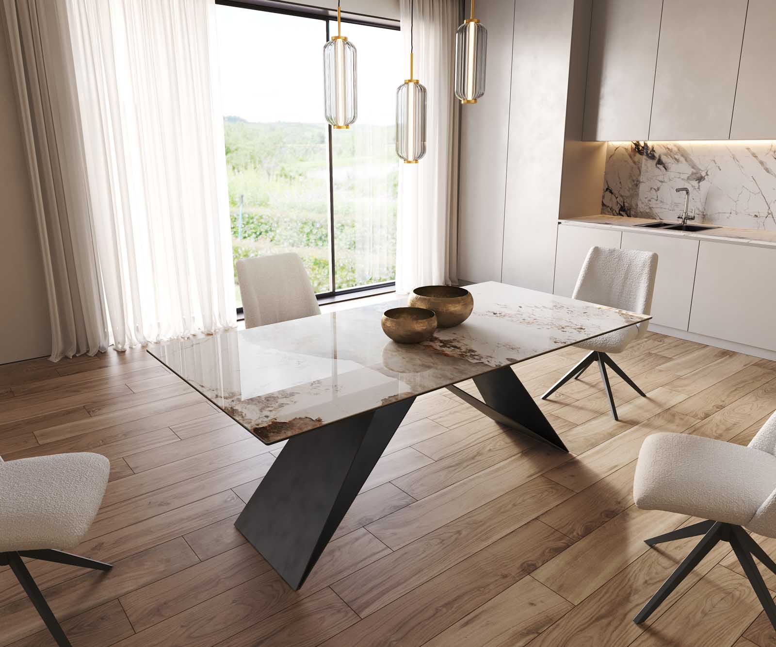 Esstisch Edge 200x100 Keramik Minas Melange Weiß-Beige V-Gestell Flachstahl Schwarz Esstisch Edge 200x100 Keramik Minas Melange Weiß-Beige V-Gestell Flachstahl Schwarz