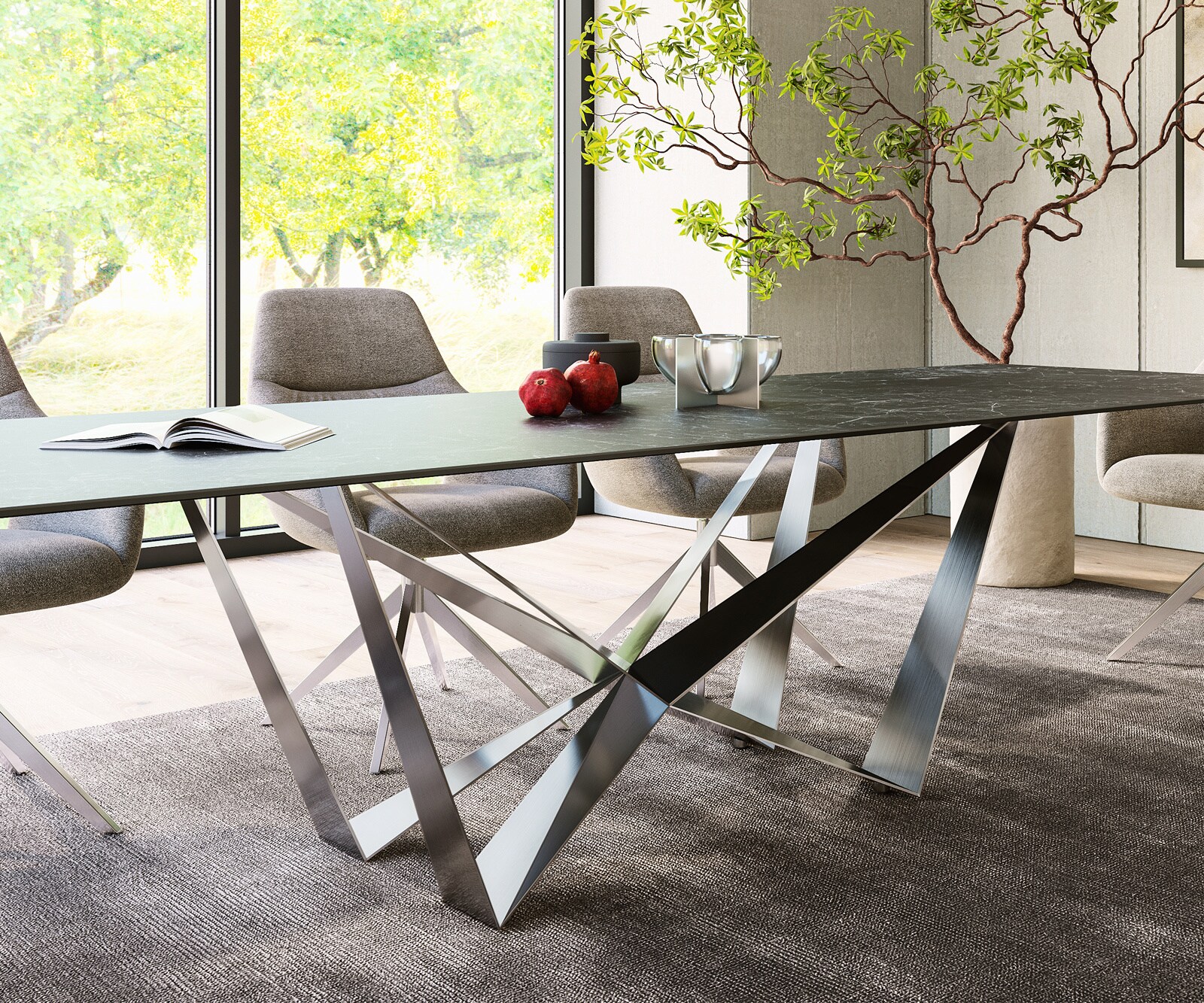 Esstisch Edge 300x100cm Keramik Laminam®Nero Greco Anthrazit Spider Flachstahl Edelstahl 6