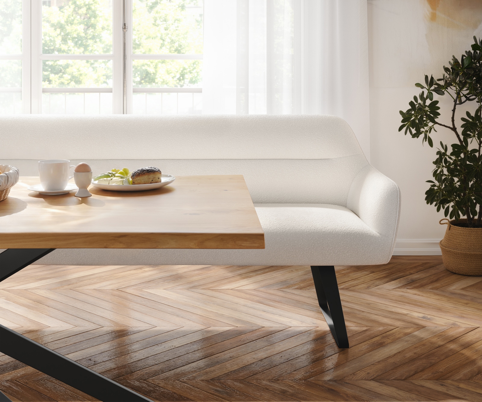 Esszimmerbank Taya-Flex 200 cm Bouclé Creme-Weiß Kufengestell flach Schwarz Taschenfederkern 4
