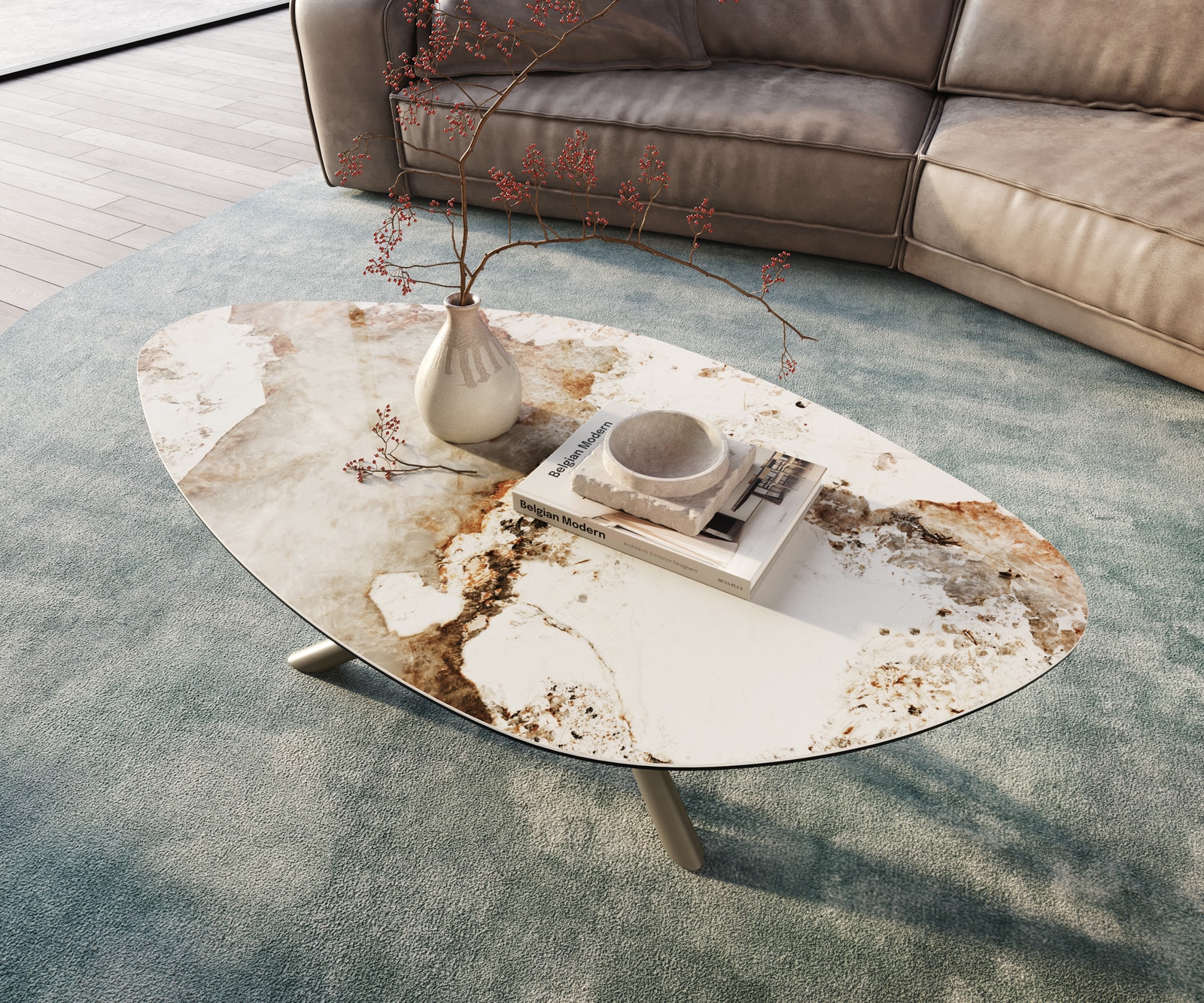 Couchtisch Edge Organisch 140x76 cm Keramik Minas Melange Sarity Metall Effektfinish Titan 4