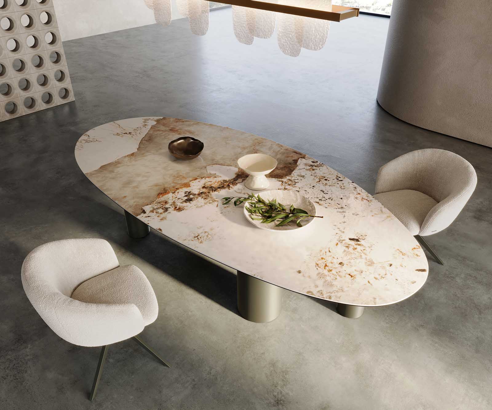 Esstisch Edge Oval 280x130 Keramik Minas Melange Weiß-Beige Pilier Metall Effektfinish Titan