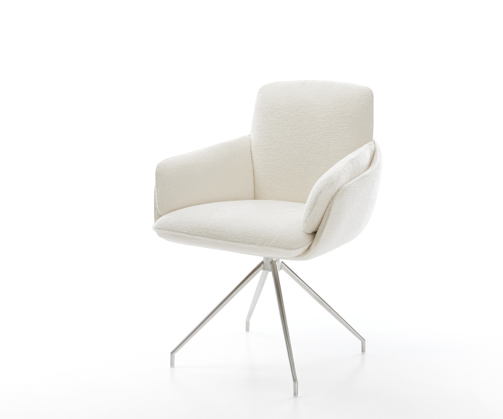 Esszimmerstuhl Luan-Flex mit Armlehnen Bouclé Soft Beige Kreuzgestell konisch Edelstahl
