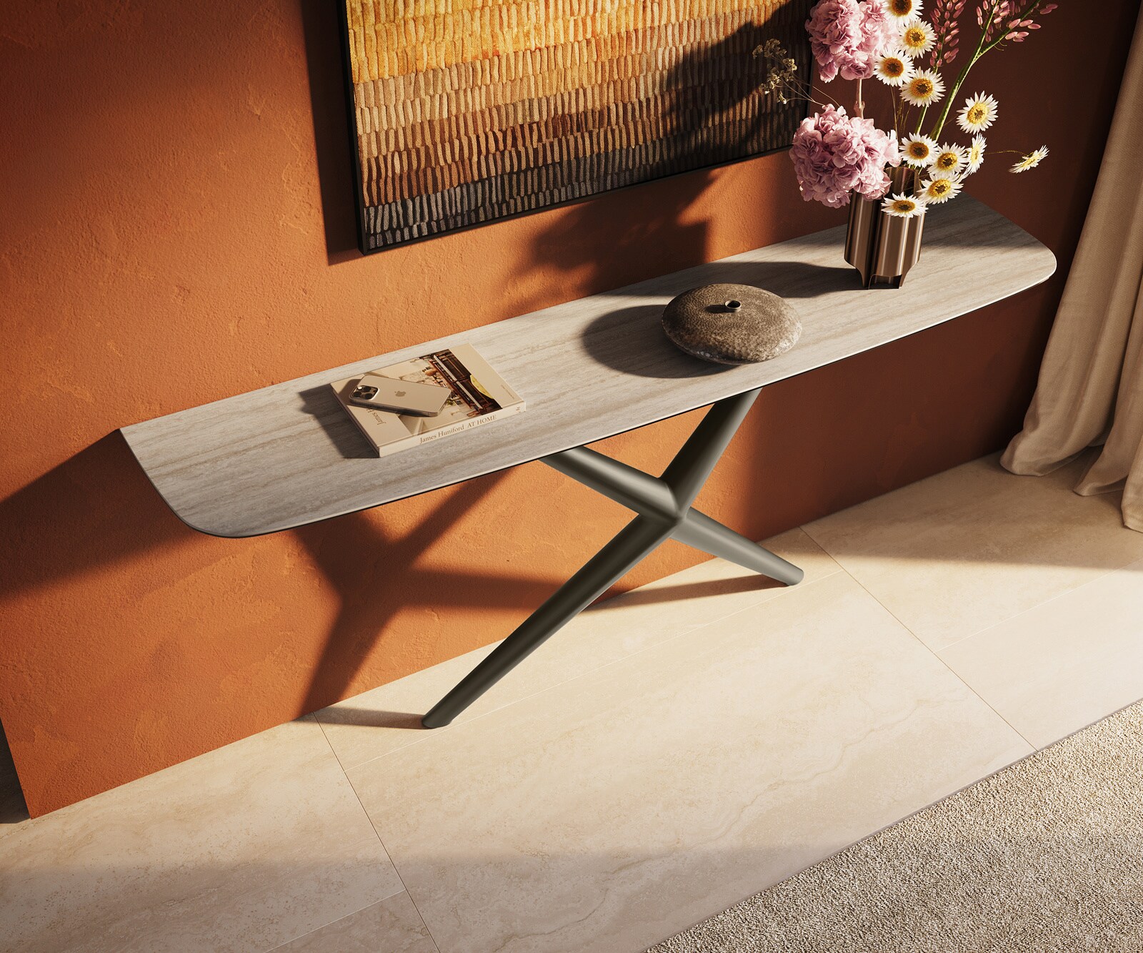 Konsolentisch Edge Boot 180x40 cm Keramik Laminam® Travertino Bianco Creme-Weiß Estelo Metall Effektfinish Titan 3