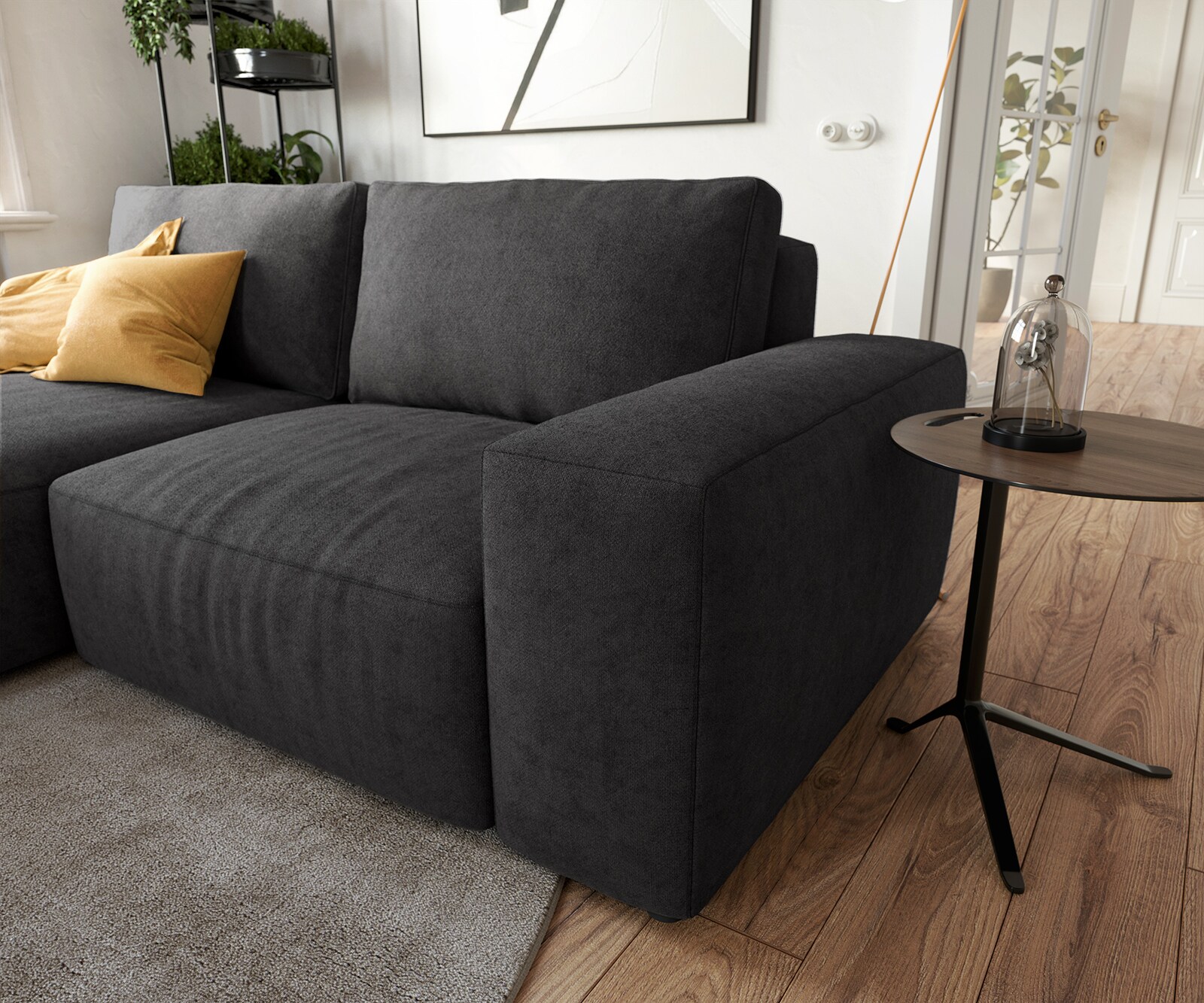 Ecksofa Lanzo 230x155 cm Mikrofaser Schwarz Recamiere variabel mit Hocker 4