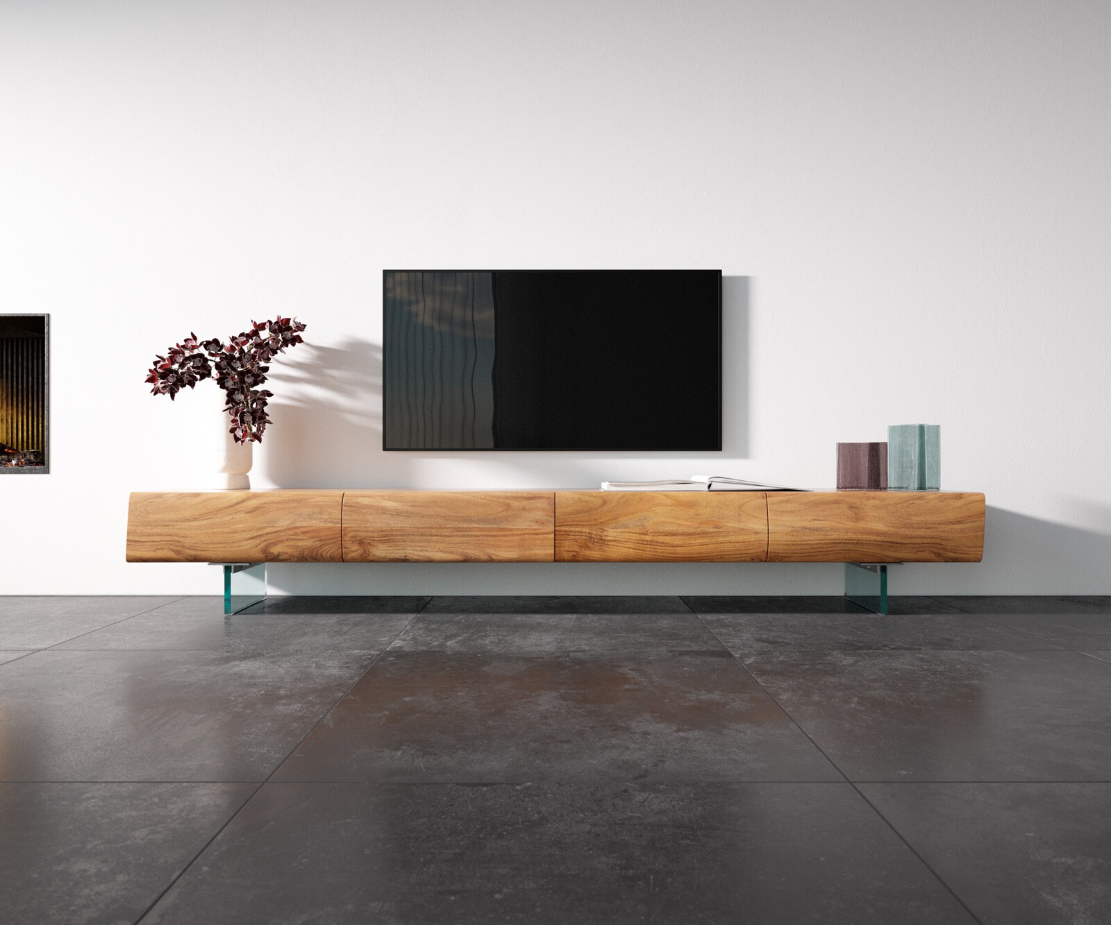 Lowboard New Live-Edge 240 cm Akazie Natur 4 Schubladen Glasfuß 3