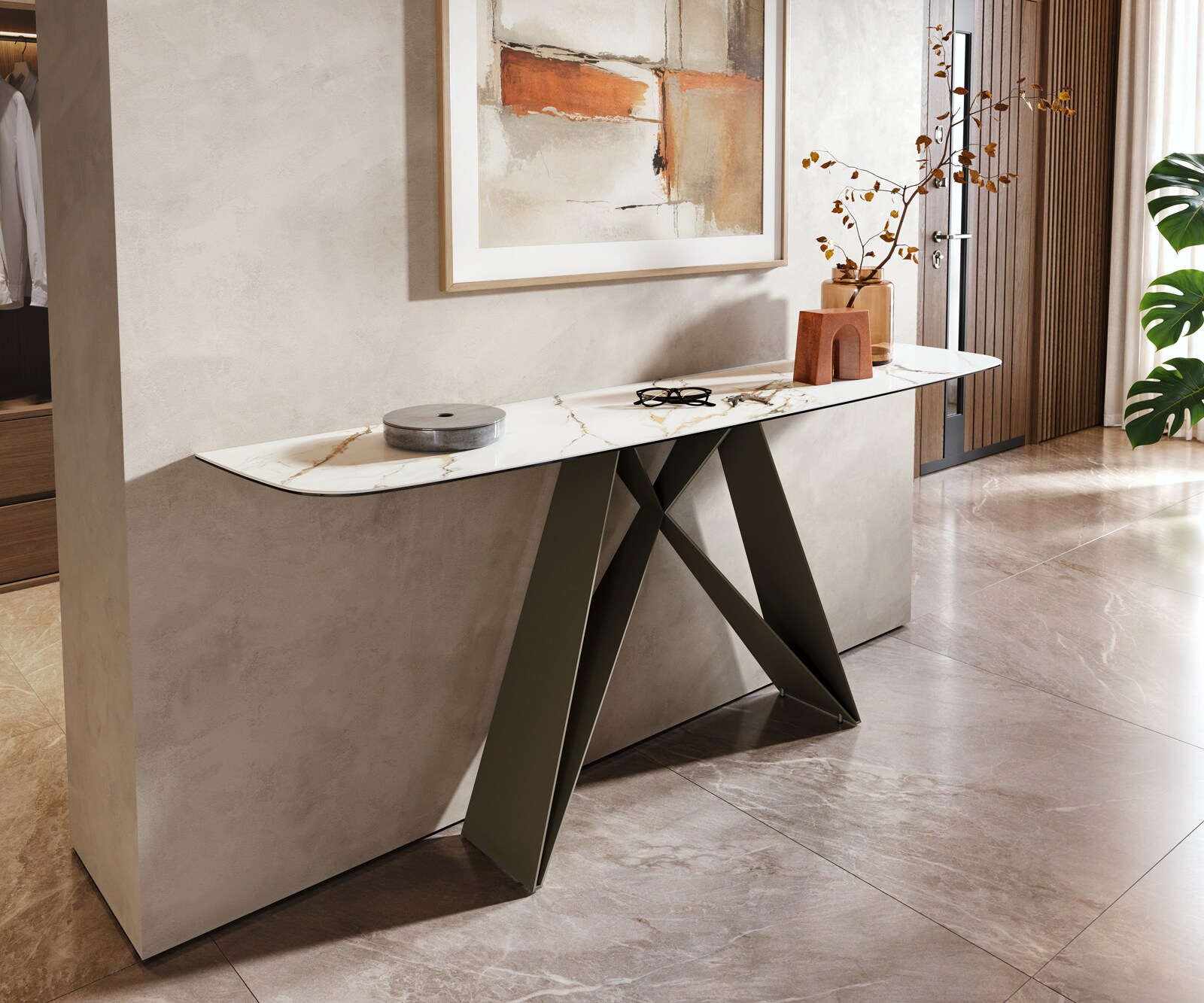 Konsolentisch Edge Boot 180x40 cm Keramik Calacatta Luxe Weiß-Gold-Grau Velio Metall Effektfinish Titan 4