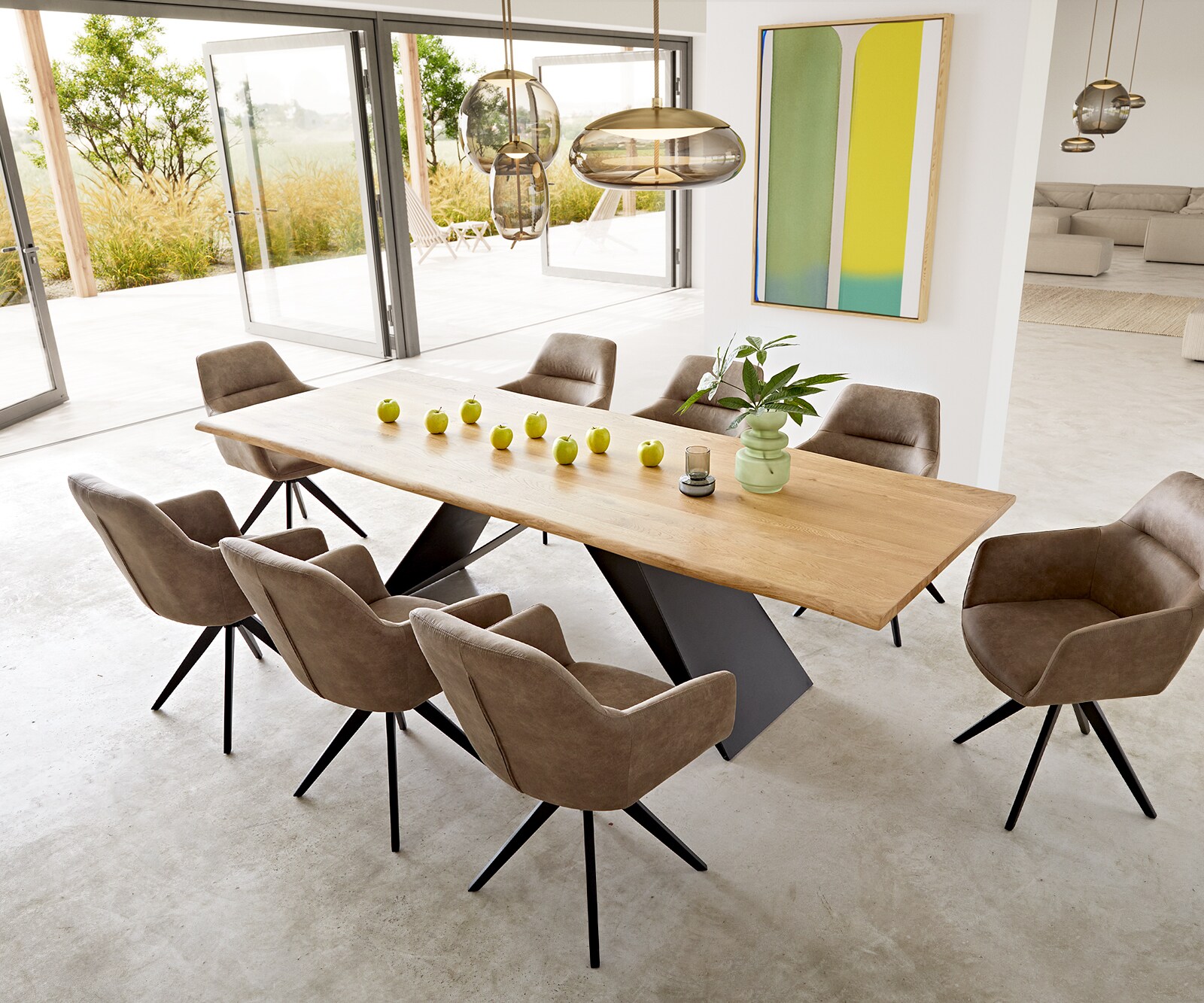 Esstisch Edge 260x100x2,5-3 Eiche Natur V-Gestell Flachstahl Schwarz Live-Edge 8