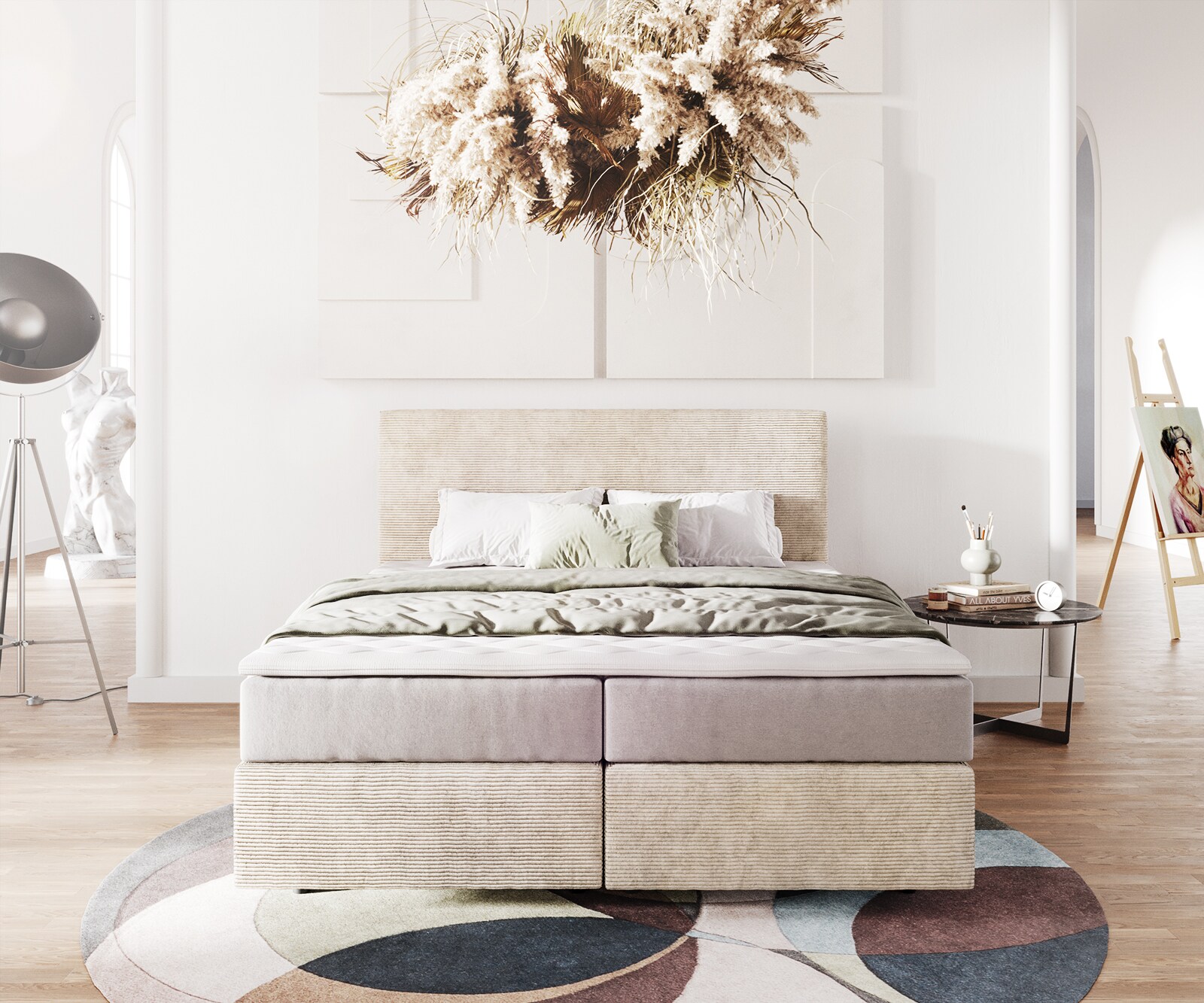 Boxspringbett Dream-Well 160x200 cm Cord Beige mit Taschenfederkernmatratze und Topper Visco 1