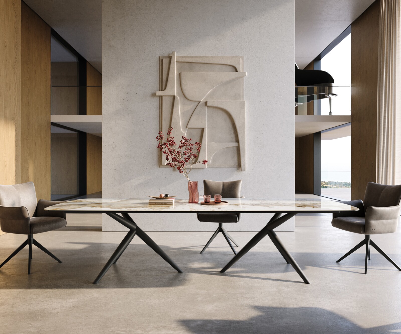 Esstisch Edge Boot 300x120 cm Keramik Minas Melange Weiß-Beige Estelar rund Metall Schwarz 2