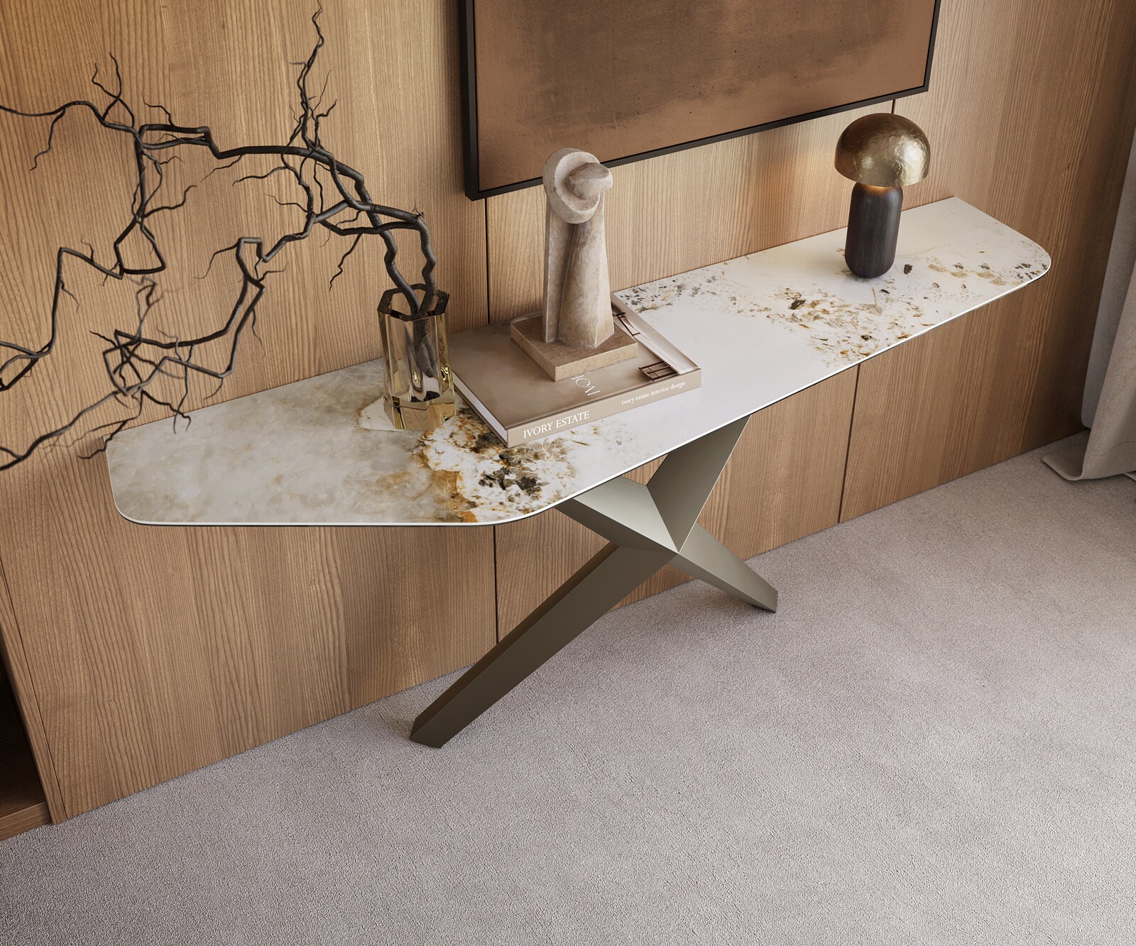 Konsolentisch Edge Polygonal 180x50 cm Keramik Minas Melange Weiß-Beige Zentharo Metall Effektfinish Titan 1