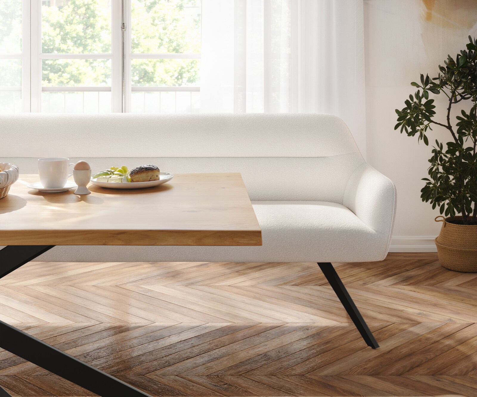 Esszimmerbank Taya-Flex 200 cm Bouclé Creme-Weiß Kreuzgestell kantig Schwarz Taschenfederkern 4