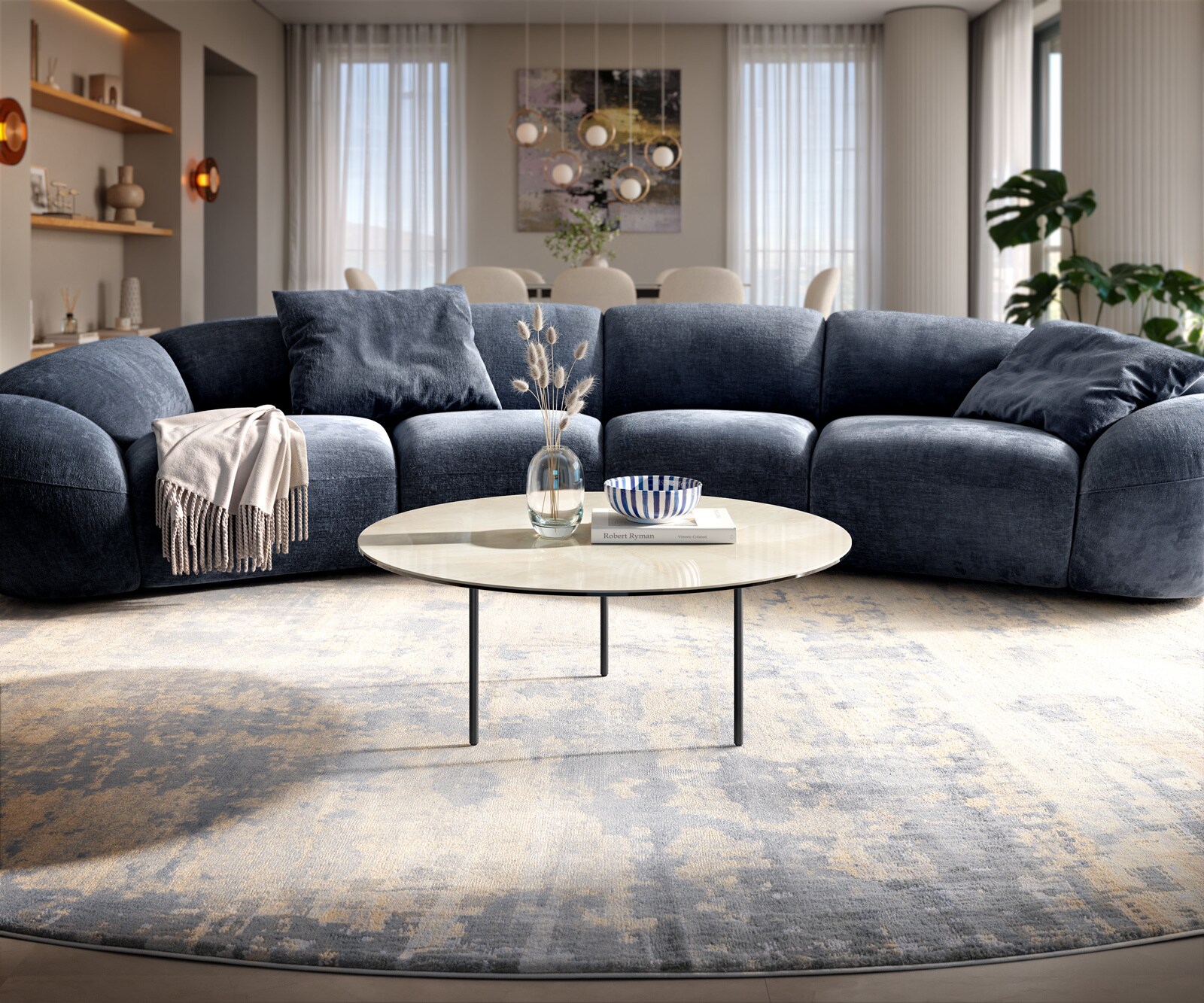 Couchtisch Edge Rund 90x90 cm Keramik Onyx Champagne Trive Metall Schwarz