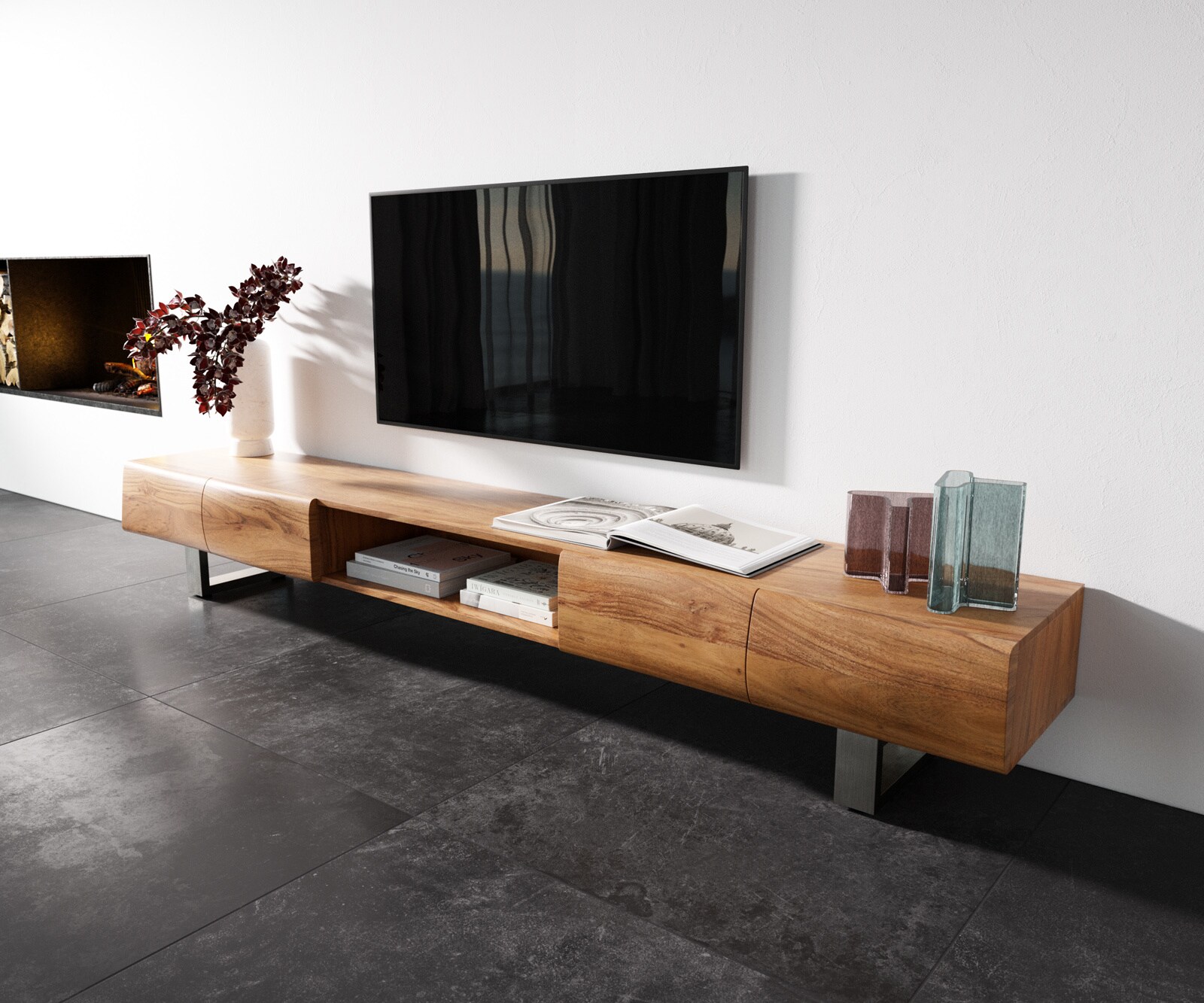Lowboard New Live-Edge 240 cm Akazie Natur 4 Türen 1 Fach Kufe Edelstahl gebürstet