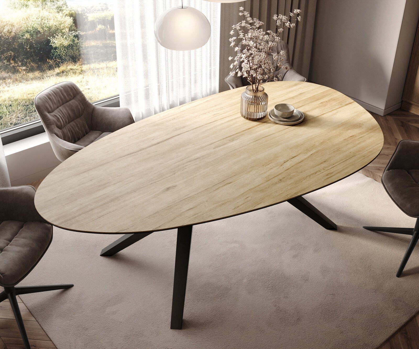 Esstisch Edge Oval 220x120 Keramik Laminam® Sabbia Eichefarbig Zenthara kantig Metall Schwarz 3