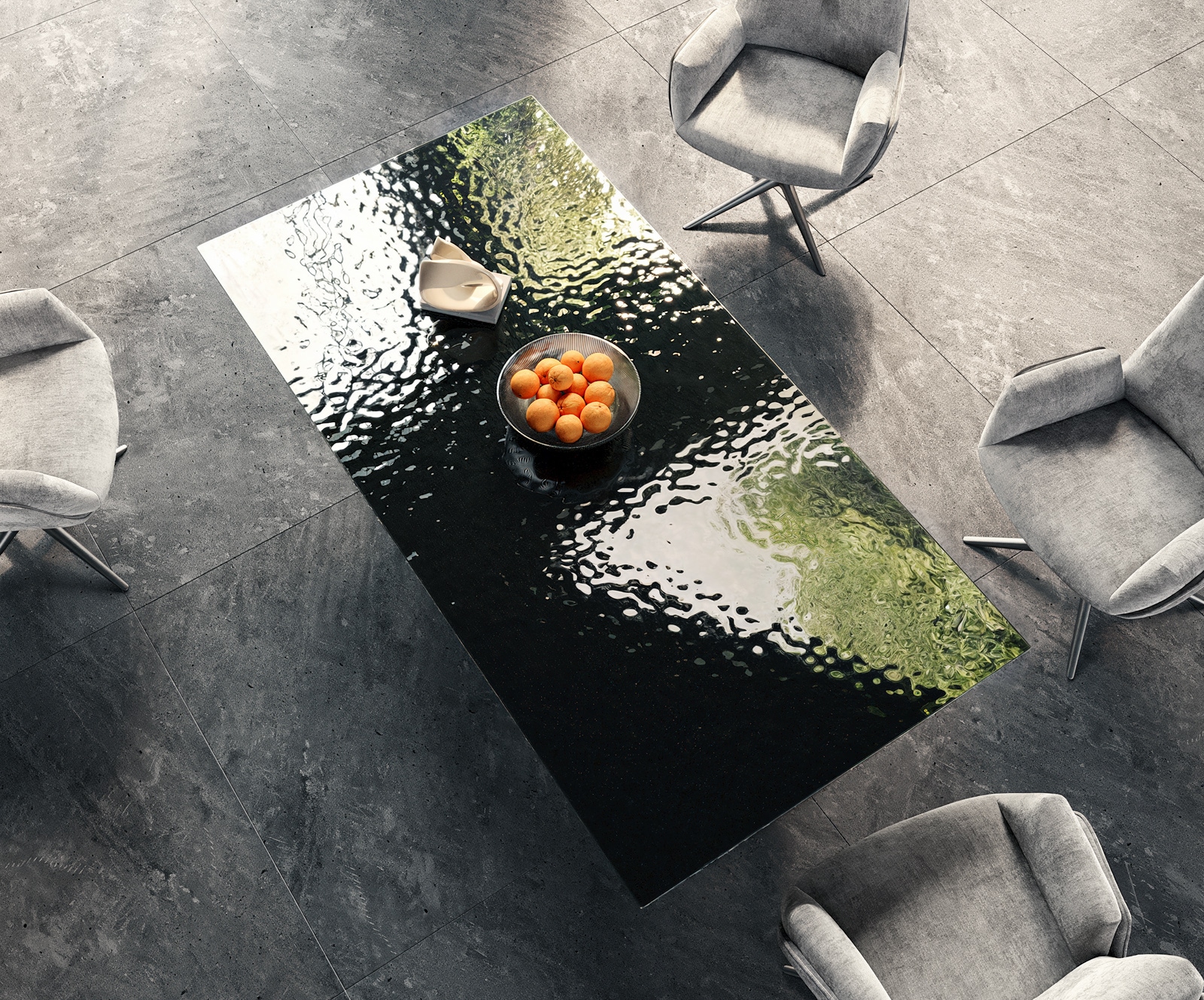 Esstisch Edge 200x100 Reliefglas Rauchschwarz 3D-Design Kreuzgestell Rechteck Edelstahl 4 Esstisch Edge 200x100 Reliefglas Rauchschwarz 3D-Design Kreuzgestell Rechteck Edelstahl 4