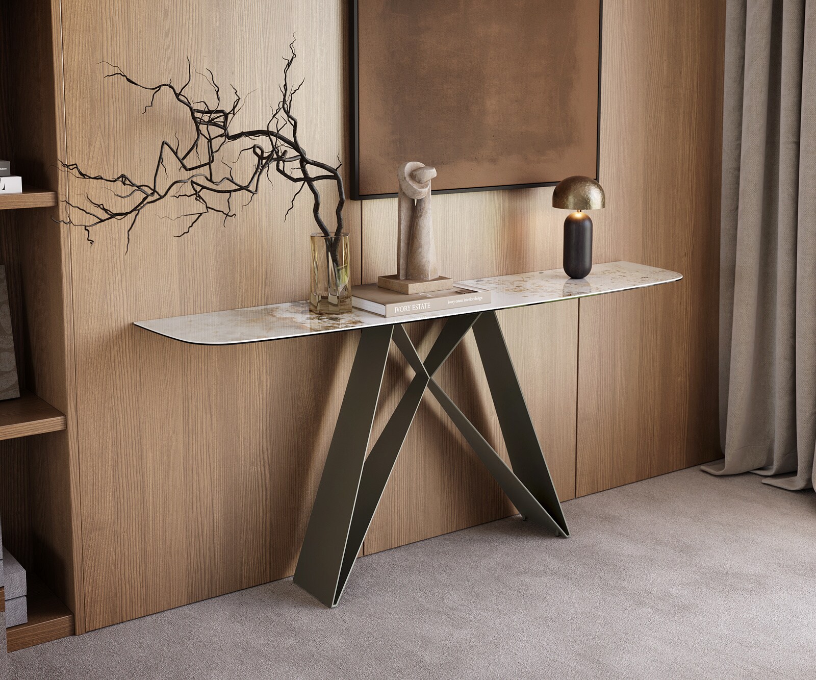 Konsolentisch Edge Boot 180x40 cm Keramik Minas Melange Weiß-Beige Velio Metall Effektfinish Titan 3