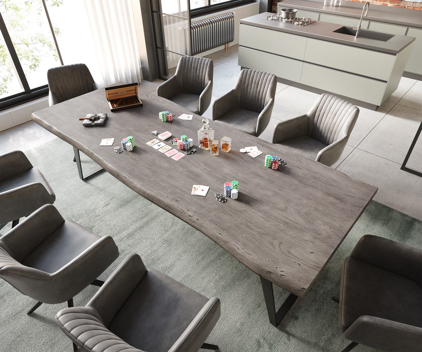 Esstisch Edge 260x100 XL Akazie Platin Metall Schräg Schwarz Live-Edge 1