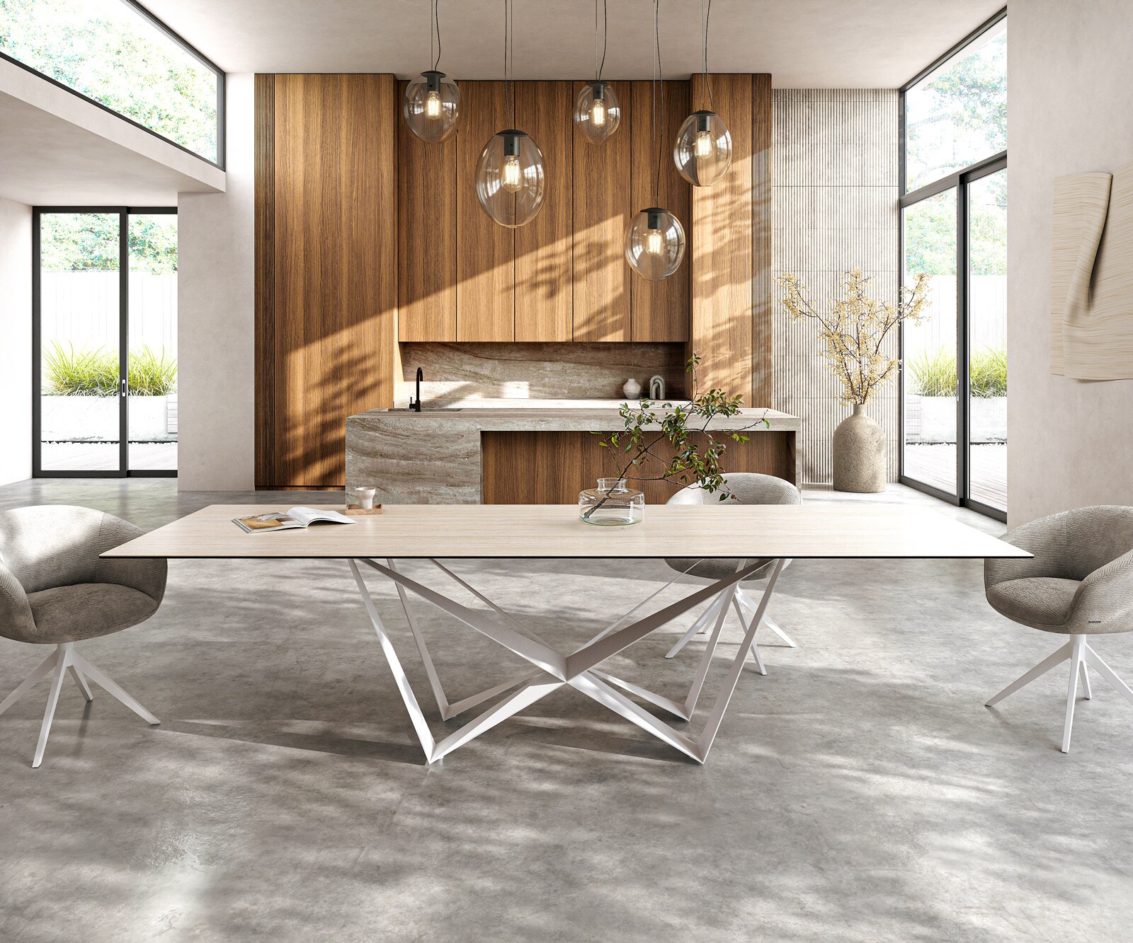 Esstisch Edge 300x100 Keramik Laminam® Travertino Bianco Creme-Weiß Spider Metall Weiß 1