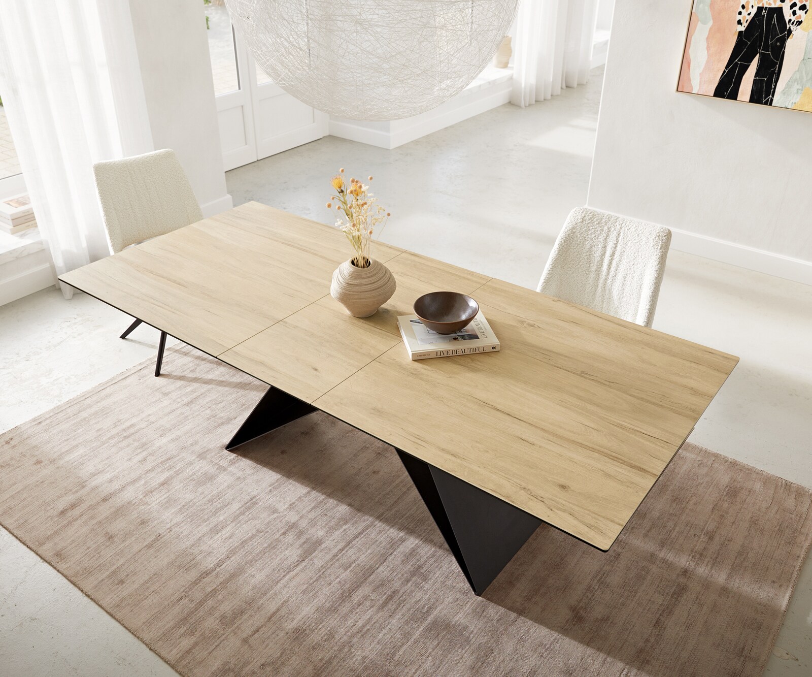 Esstisch Edge 180-220x100 Keramik Laminam® Sabbia Eichefarbig V-Gestell Flachstahl Schwarz ausziehbar 3