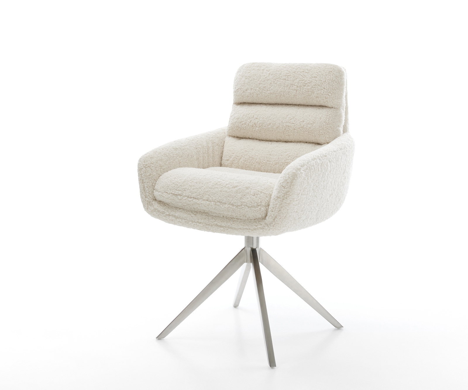 Drehstuhl Abelia-Flex mit Armlehnen Teddystoff Beige Kreuzgestell breit Edelstahl 360° drehbar Wippfunktion