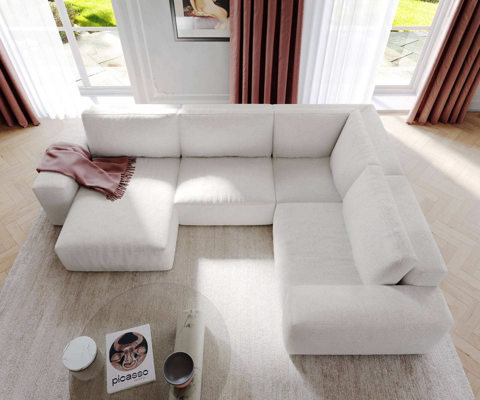 Wohnlandschaft Lanzo 300x210 cm Bouclé Creme-Weiß Recamiere variabel mit Hocker 3