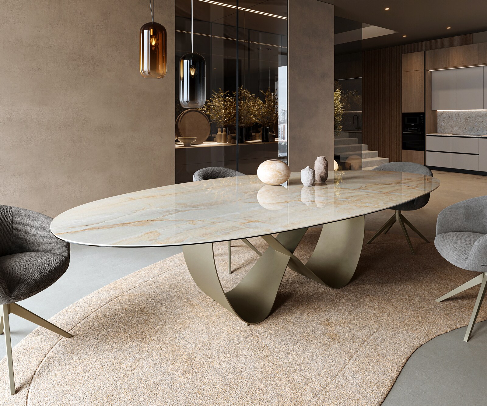 Esstisch Edge Oval 315x150 cm Keramik Iris FMG Onice Oro Infinity Metall Effektfinish Titan