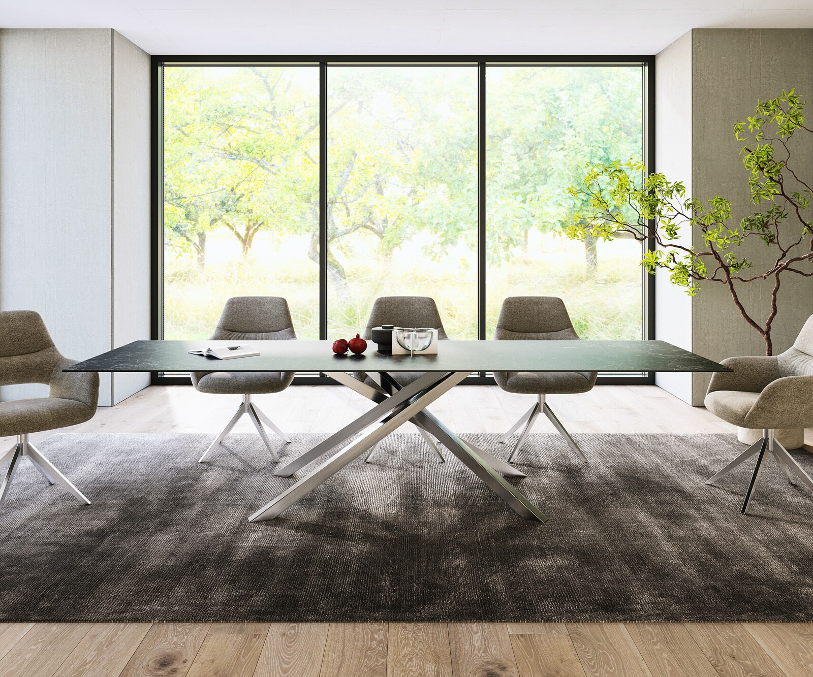Esstisch Edge 300x100cm Keramik Laminam®Nero Greco Anthrazit Kreuzgestell Rechteck Edelstahl 1