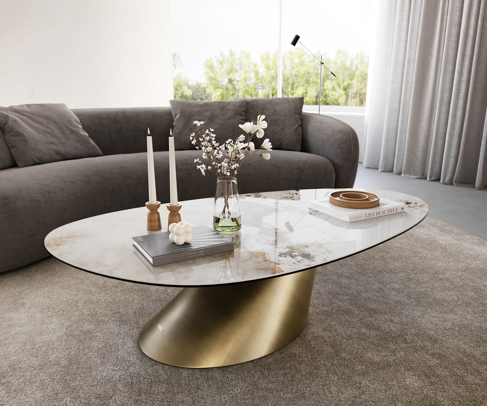 Wohnzimmertisch Edge Oval 140x75 cm Keramik Minas Melange Conis Metallic Gold