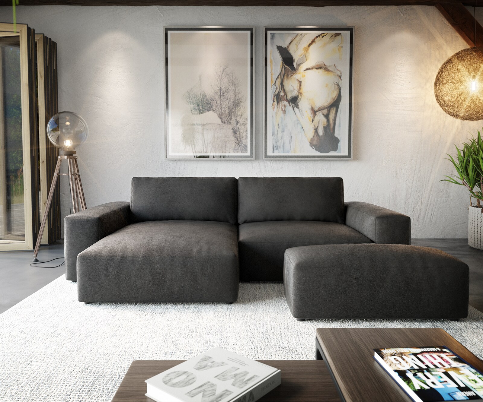 Ecksofa Lanzo XL 270x180 cm Lederimitat Vintage Anthrazit Recamiere variabel mit Hocker 1