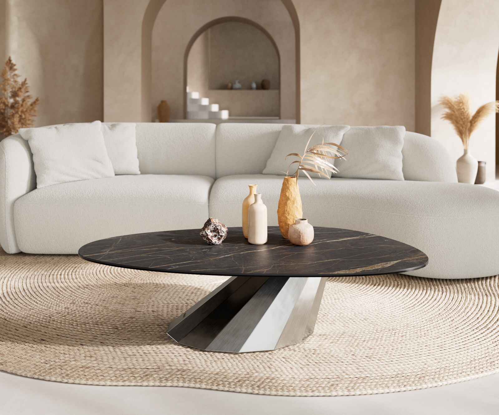 Couchtisch Edge Oval 140x75 cm Keramik Laminam® Noir Desir Braun Parabi Edelstahl gebürstet 2