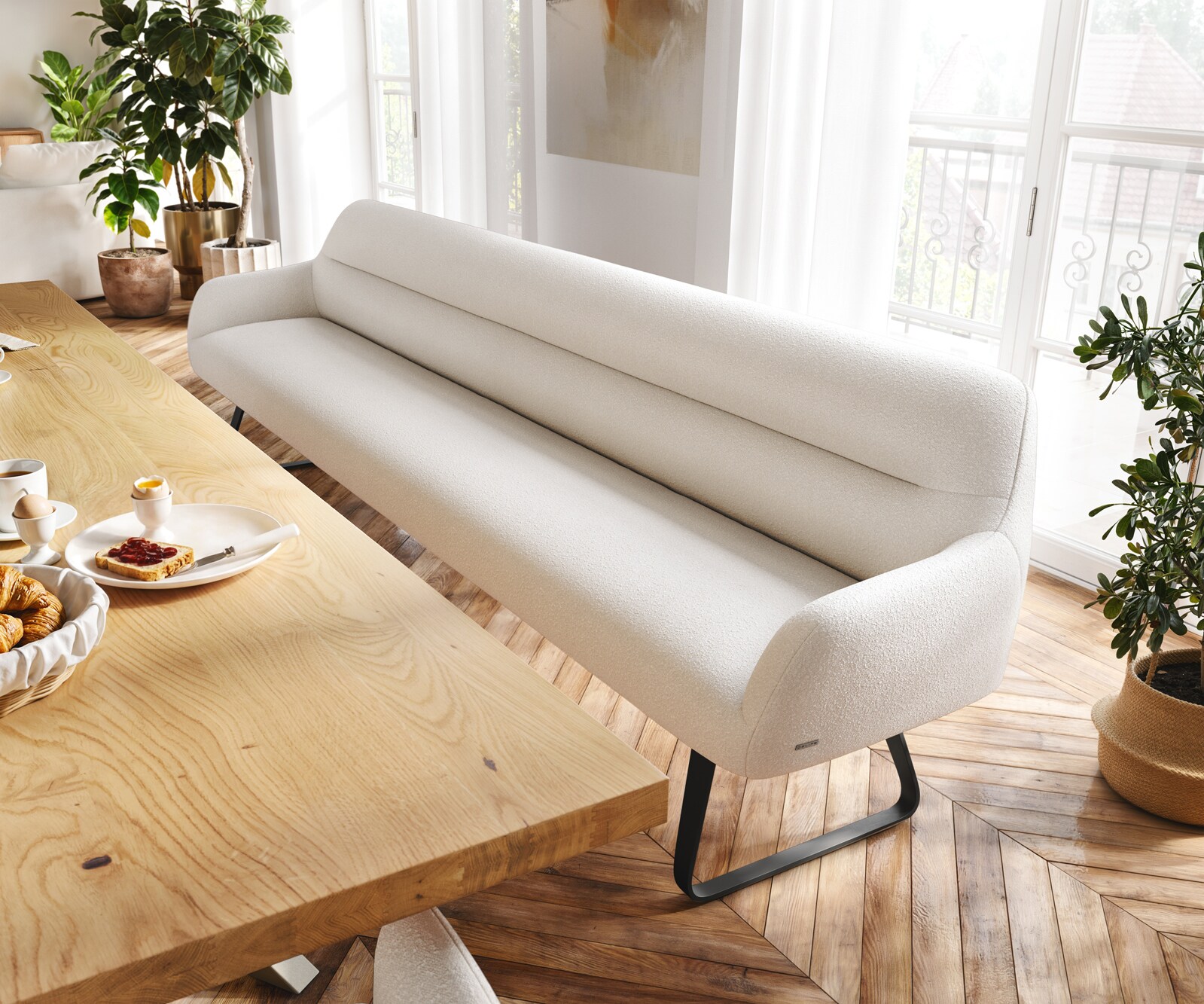 Esszimmerbank Taya-Flex 300 cm Bouclé Creme-Weiß Kufengestell flach Schwarz Taschenfederkern 1