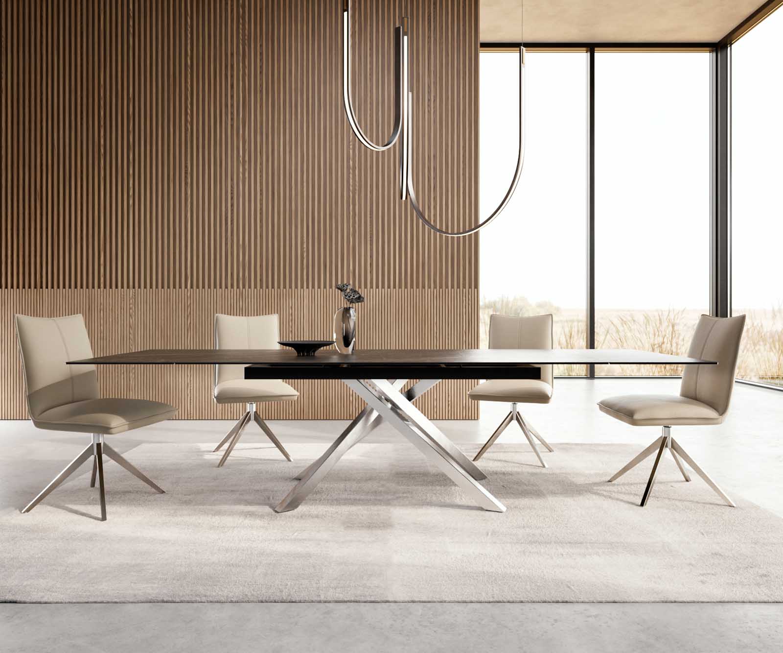 Esstisch Edge 200-300x100 Keramik Laminam®Noir Desir Braun Kreuzgestell Rechteck Edelstahl ausziehbar 1