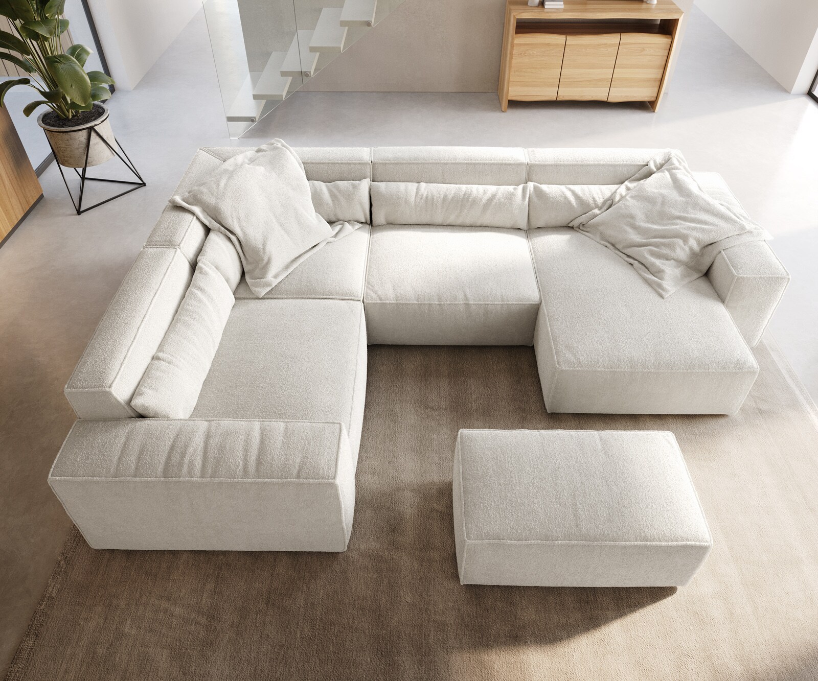 Wohnlandschaft Sirpio 300x210 cm Bouclé Creme-Weiß Recamiere variabel mit Hocker 4