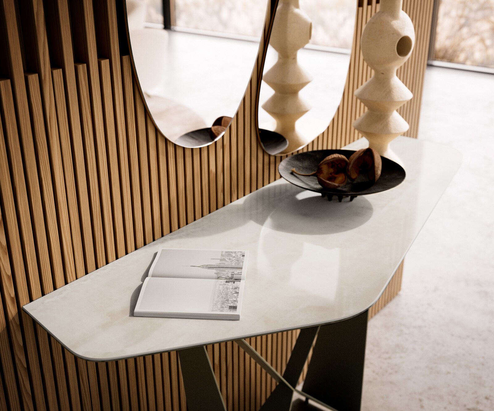 Konsolentisch Edge Polygonal 140x50 cm Keramik Onyx Champagne Spios Metall Effektfinish Titan 6