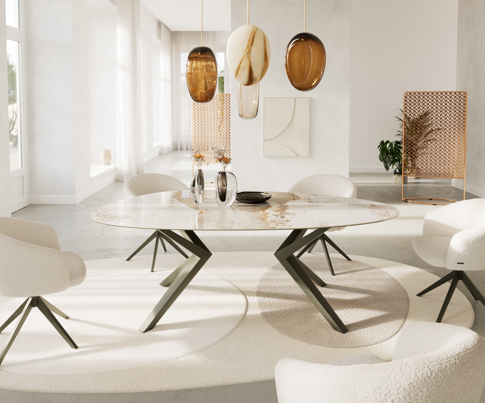 Esstisch Edge Oval 220x120 Keramik Minas Melange Weiß-Beige Zenthara kantig Metall Effektfinish Titan 2