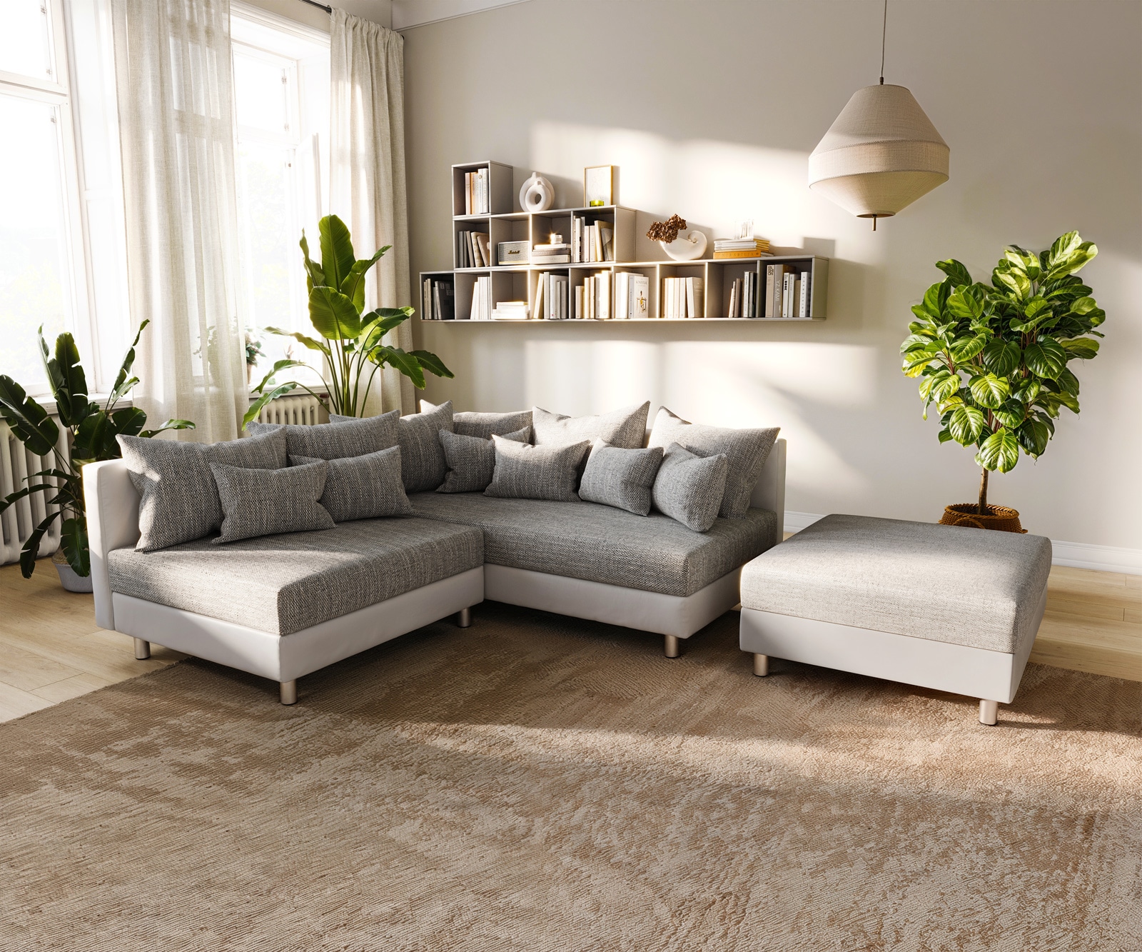 Ecksofa Clovis Weiss Hellgrau Hocker Ottomane Rechts modular günstig online kaufen