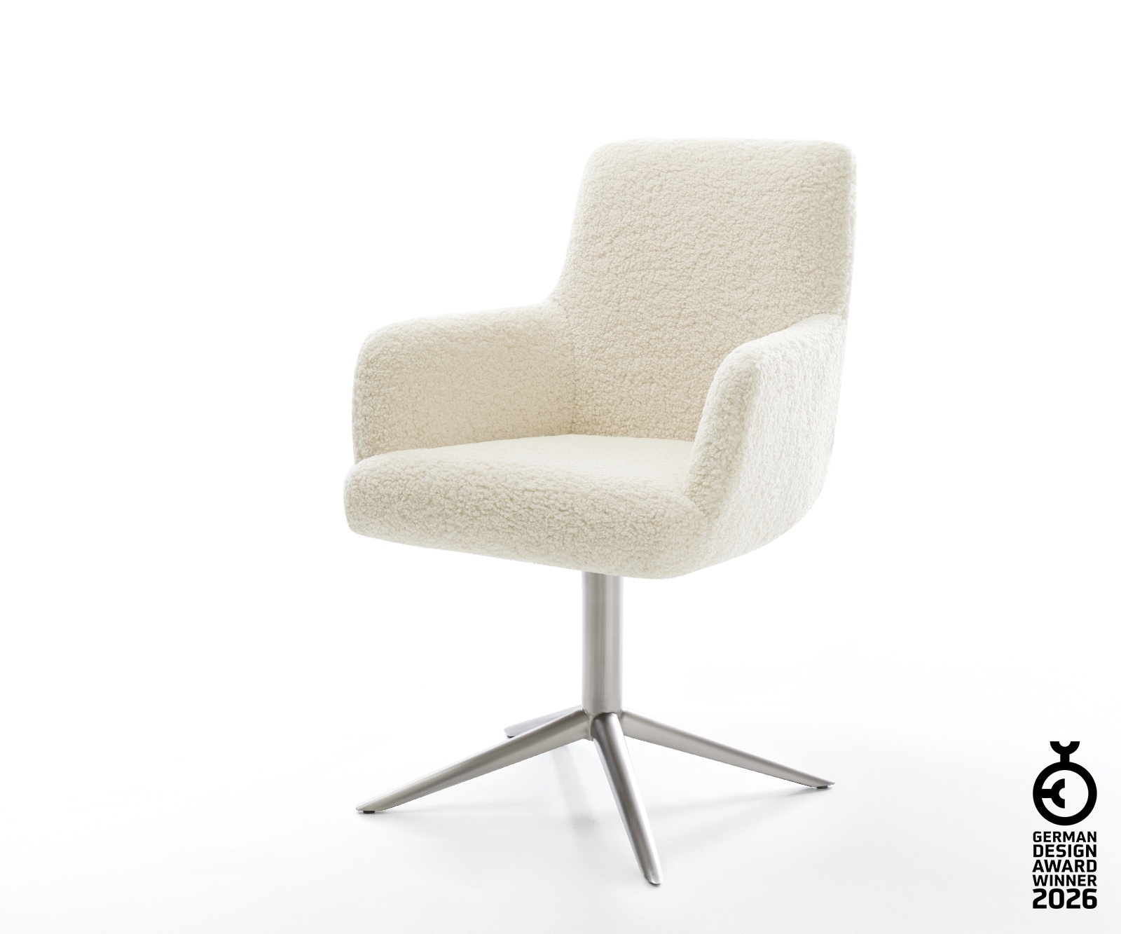 Drehstuhl Heira-Flex mit Armlehnen Teddystoff Beige Fußkreuz Edelstahl 360° drehbar Wippfunktion Taschenfederkern