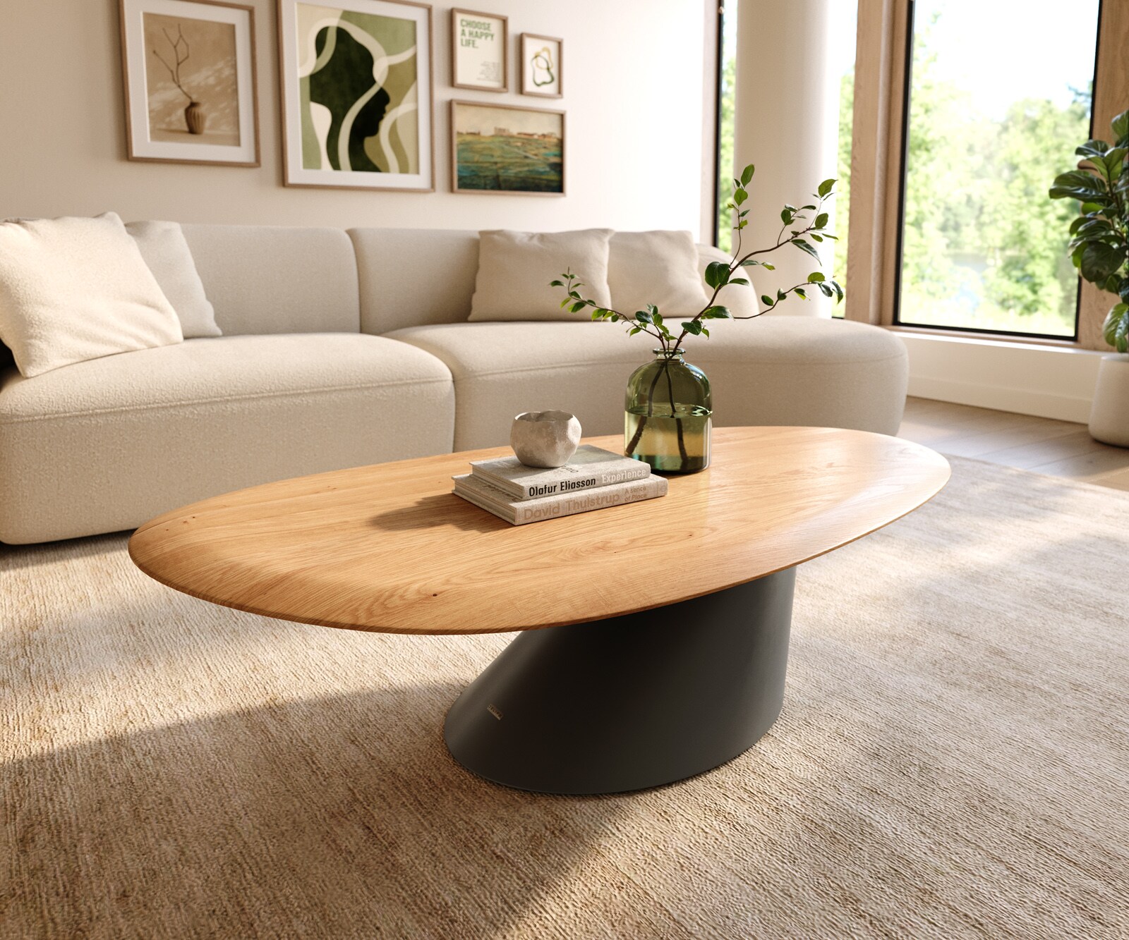 DELIFE Couchtisch Edge Oval 140x75 cm Eiche Natur Runde Kante Conis Metall Schwarz