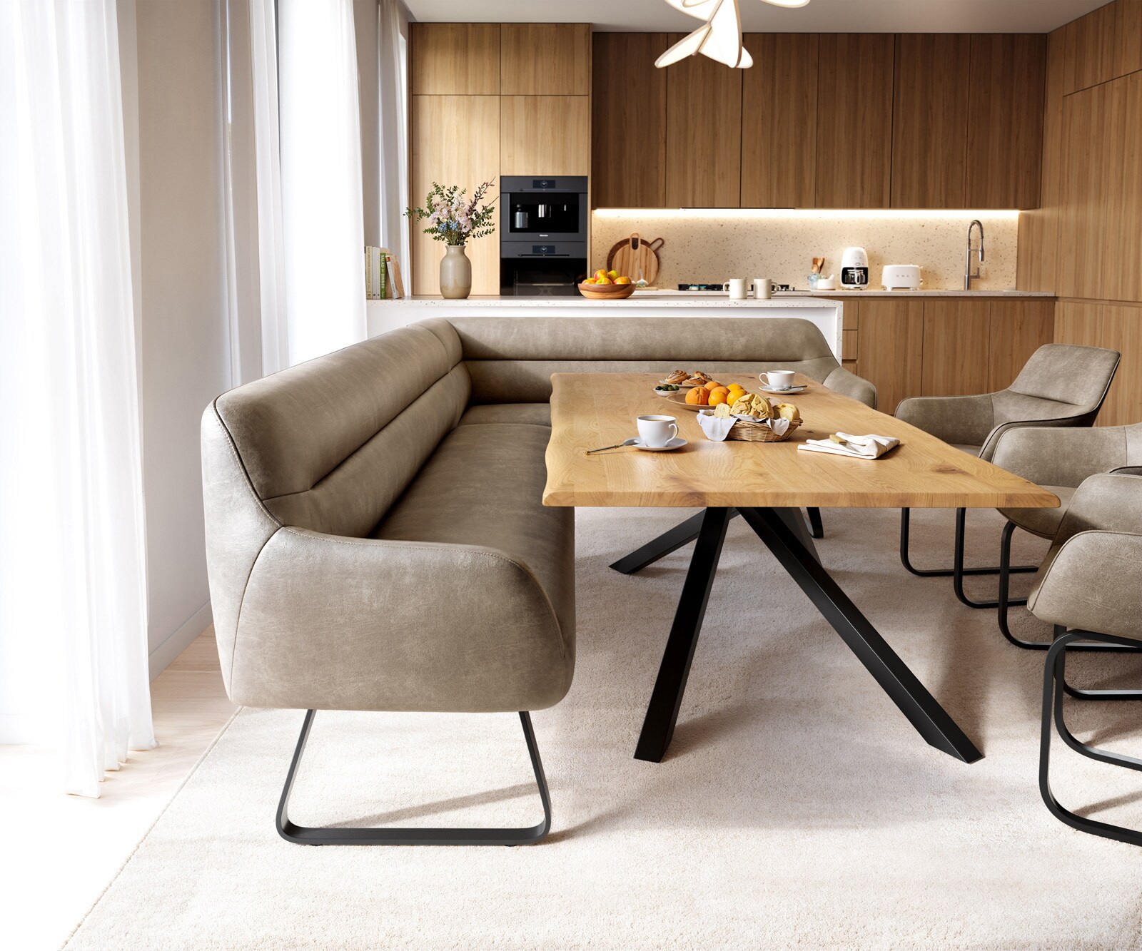 Esszimmerbank Taya-Flex 285x190 cm Mikrofaser Beige Vintage Kufengestell flach Schwarz Taschenfederkern Links 2