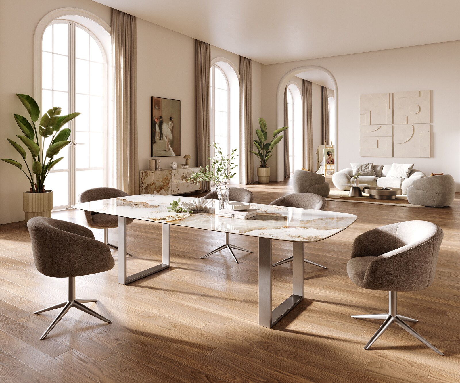 Esstisch Edge Boot 260x120 cm Keramik Minas Melange Weiß-Beige Edelstahl Schmal 6