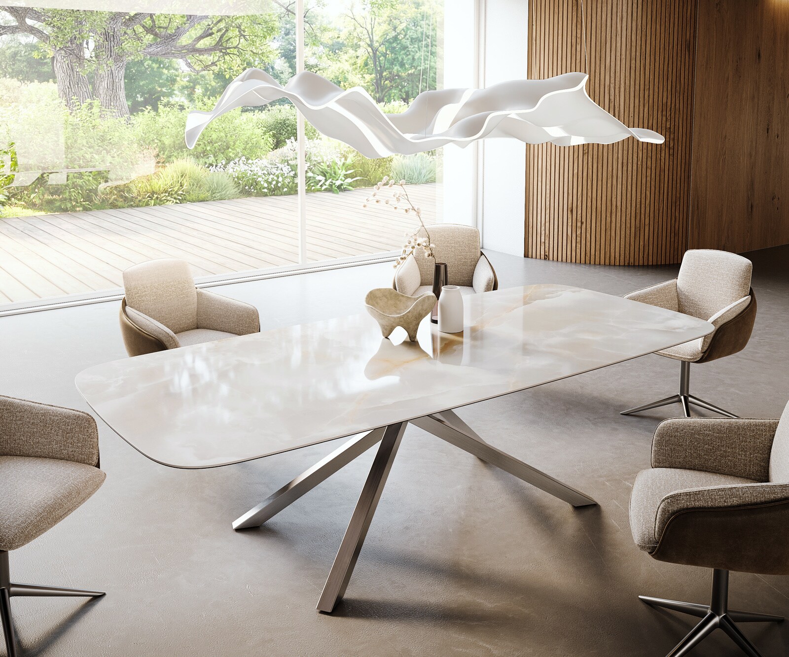 Esstisch Edge Boot 270x120 cm Keramik Iris FMG Onice Grigio Kreuzgestell Rechteck Edelstahl 1