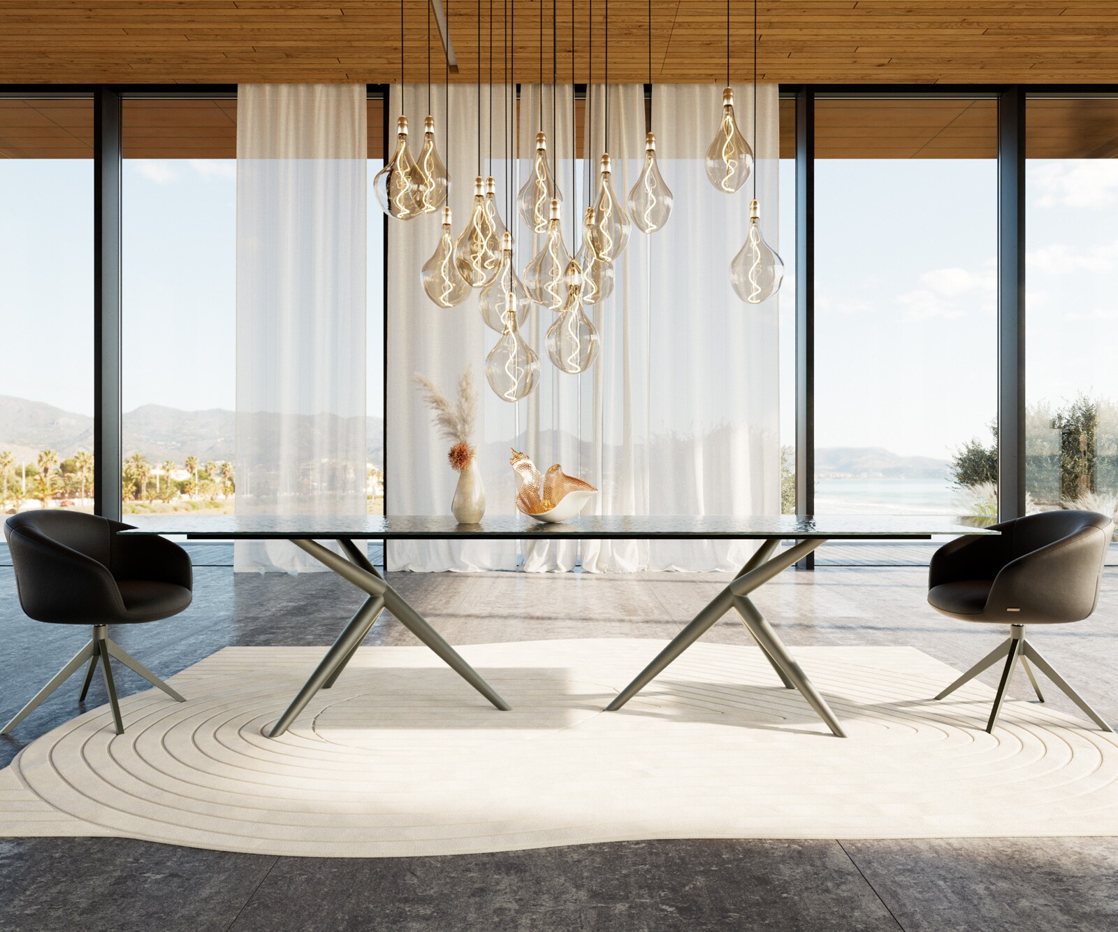 Esstisch Edge 300x100 Reliefglas Rauchschwarz 3D-Design Estelar rund Metall Effektfinish Titan 2