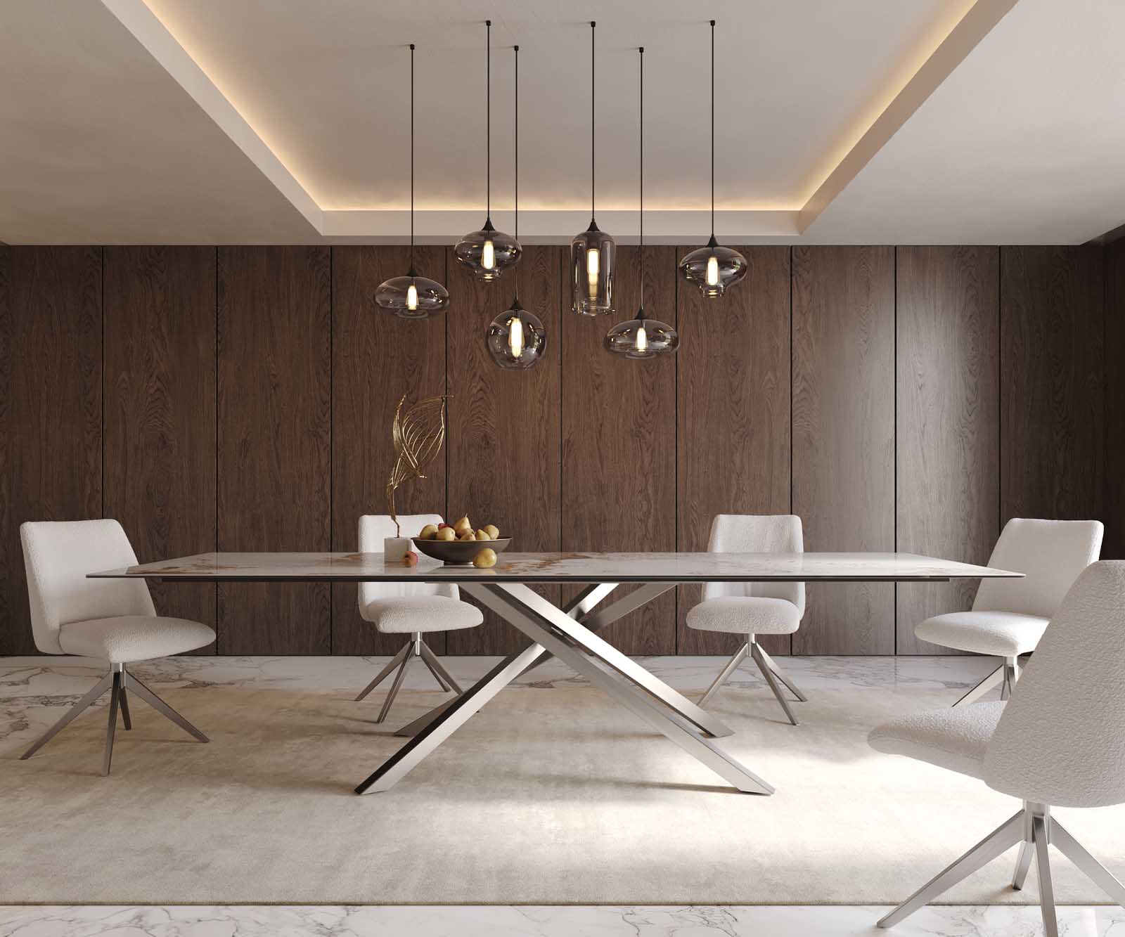 Esstisch Edge 300x100 Keramik Minas Melange Weiß-Beige Kreuzgestell Rechteck Edelstahl 2