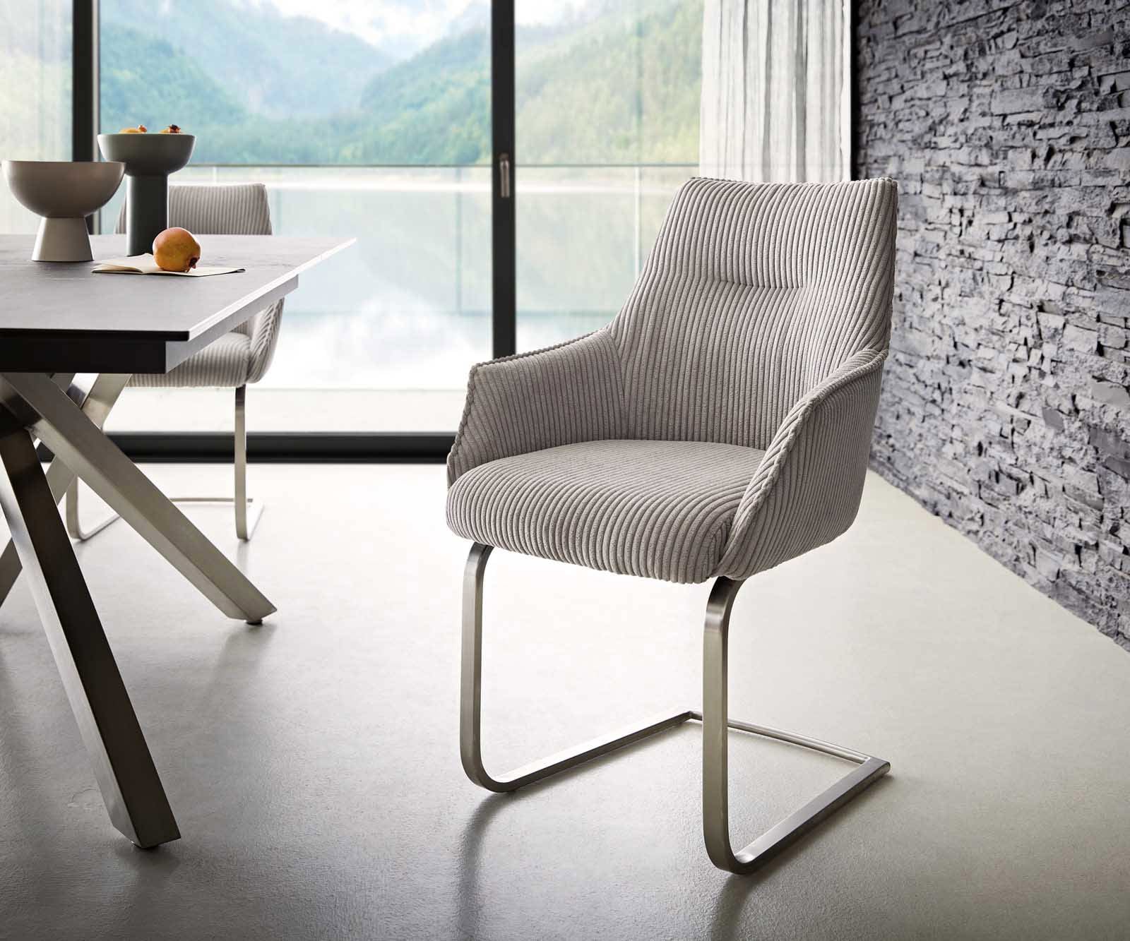 Freischwinger Alja-Flex mit Armlehnen Cord Silbergrau Freischwinger flach Edelstahl Taschenfederkern