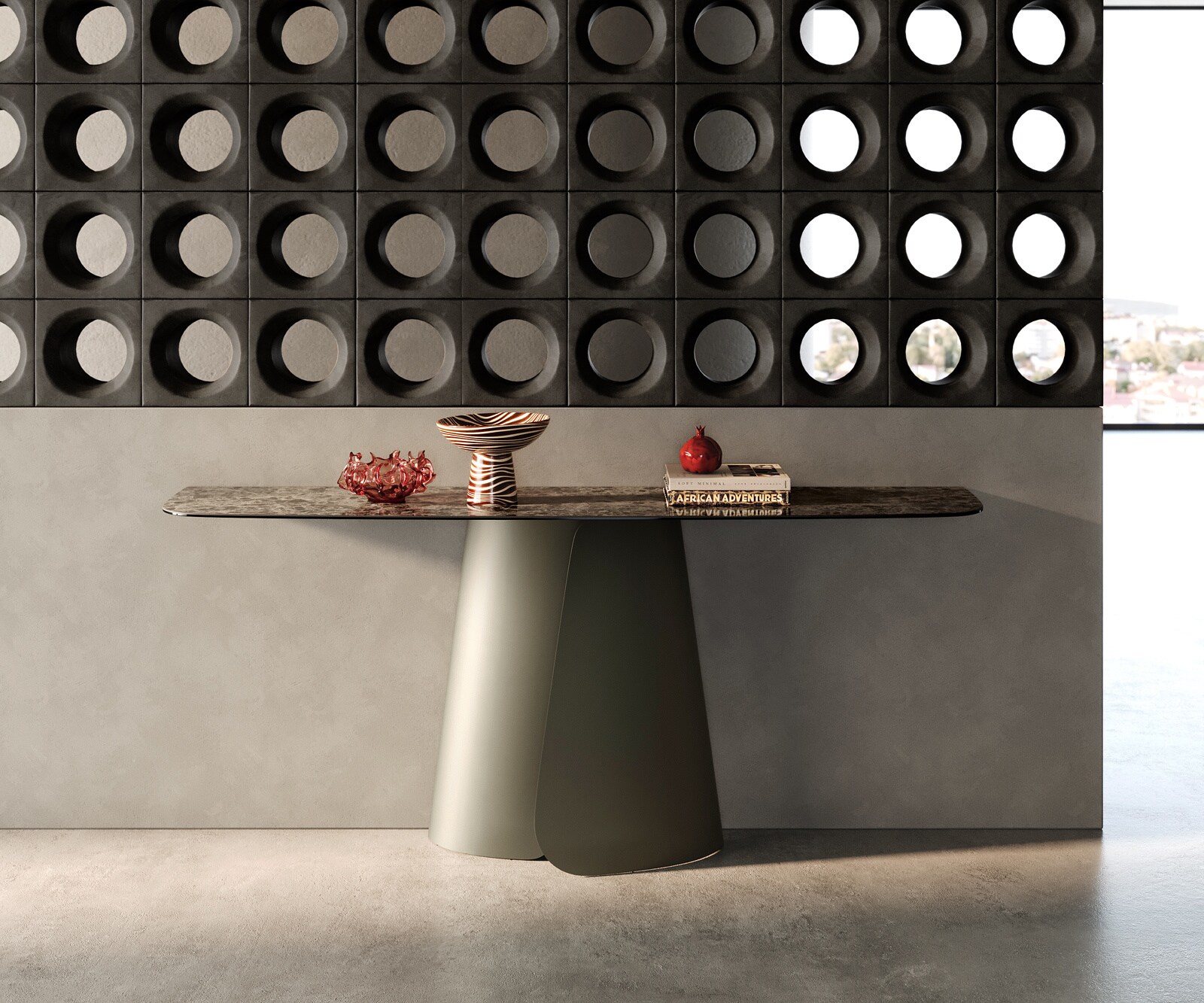 Konsolentisch Edge Boot 180x40 cm Keramik Emperador Extra Lucidato Dunkelbraun Livos Metall Effektfinish Titan 4