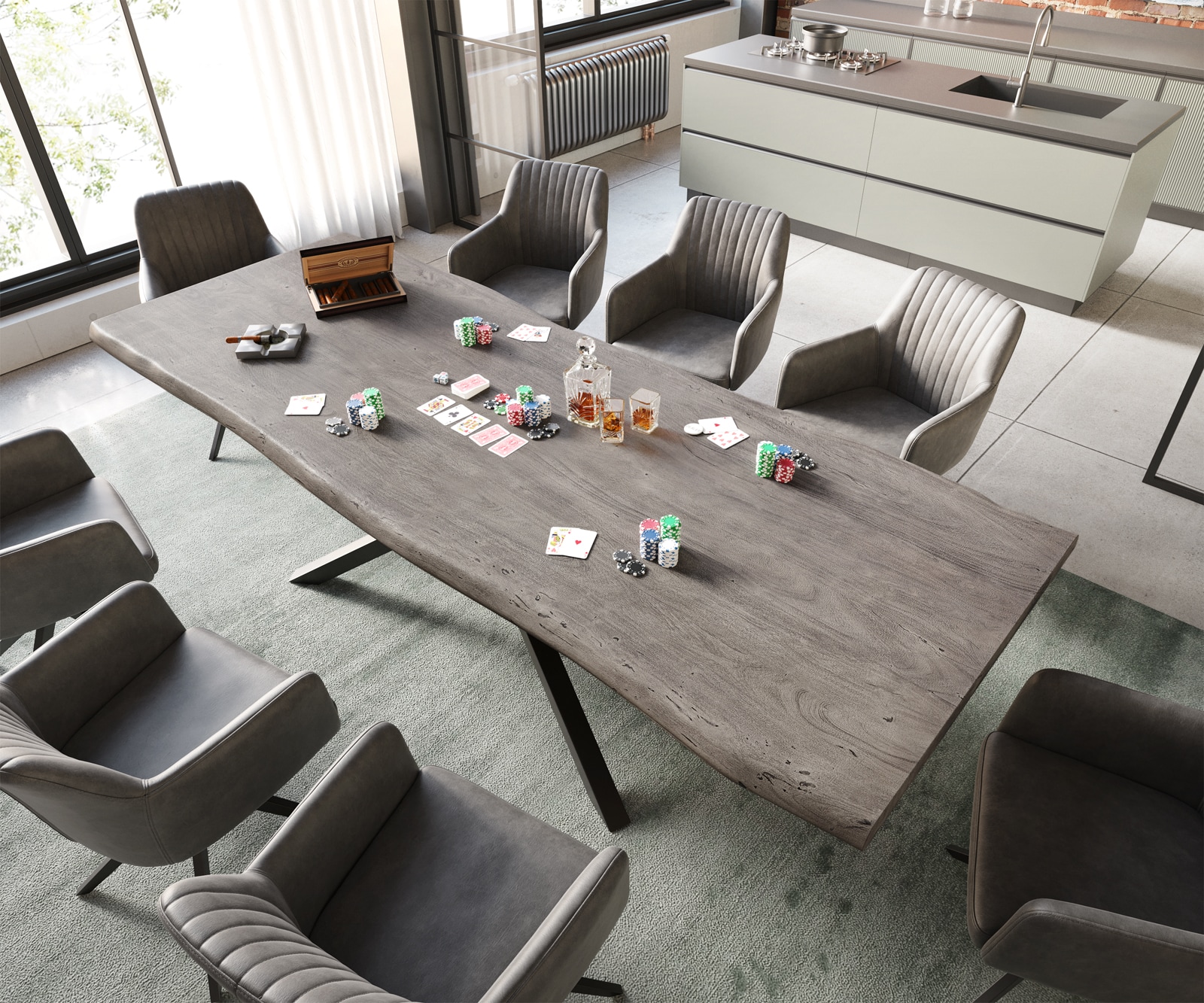 Esstisch Edge 260x100 Akazie Platin Kreuzgestell Rechteck Schwarz Live-Edge 4