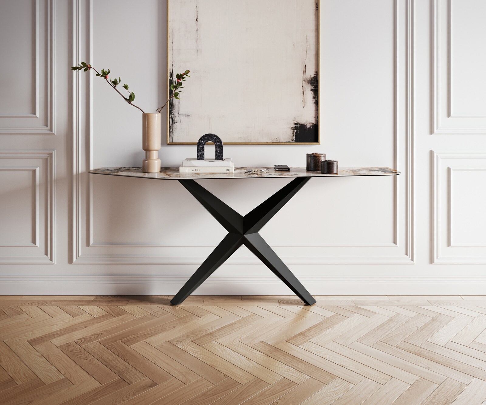 Konsolentisch Edge Polygonal 180x50 cm Keramik Patagonia Poliert Zentharo Metall Schwarz 3