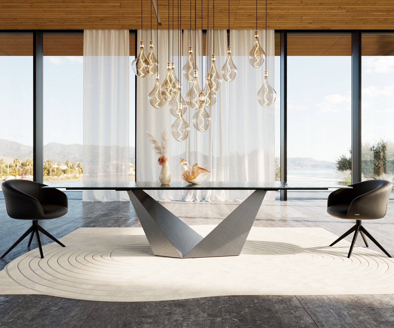 Esstisch Edge 300x100 Reliefglas Rauchschwarz 3D-Design Prisma Metallic Silber 2