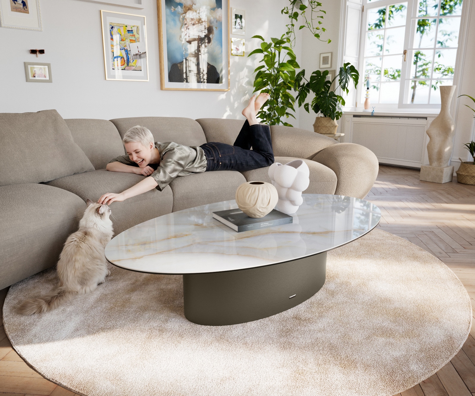 Couchtisch Edge Oval 140x80 cm Keramik Onyx Pearl Casilda Effektfinish Titan