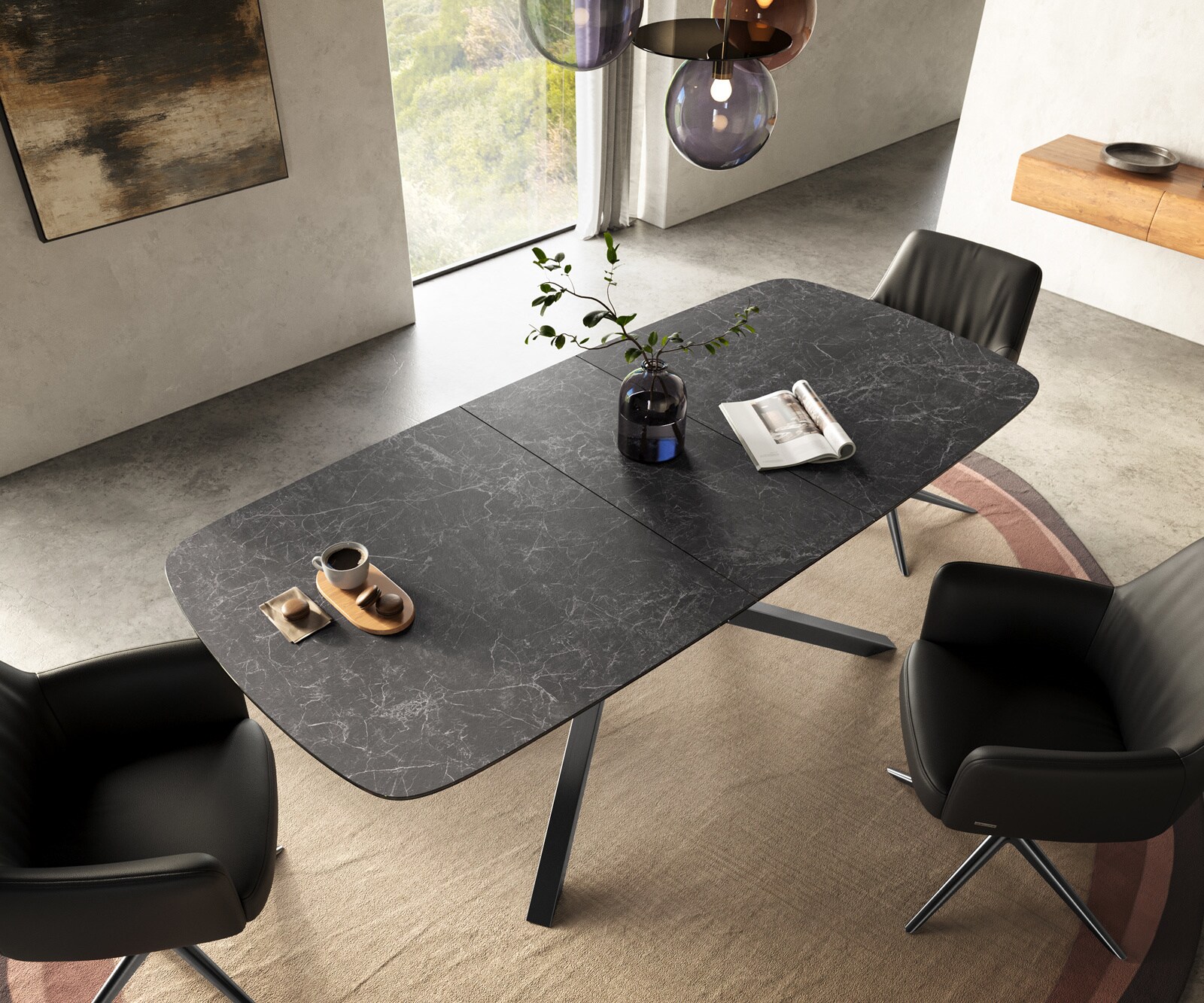 Esstisch Edge Boot 180-220x100 cm Keramik Laminam® Nero Greco Anthrazit Kreuzgestell Rechteck Edelstahl Graphit ausziehbar 4